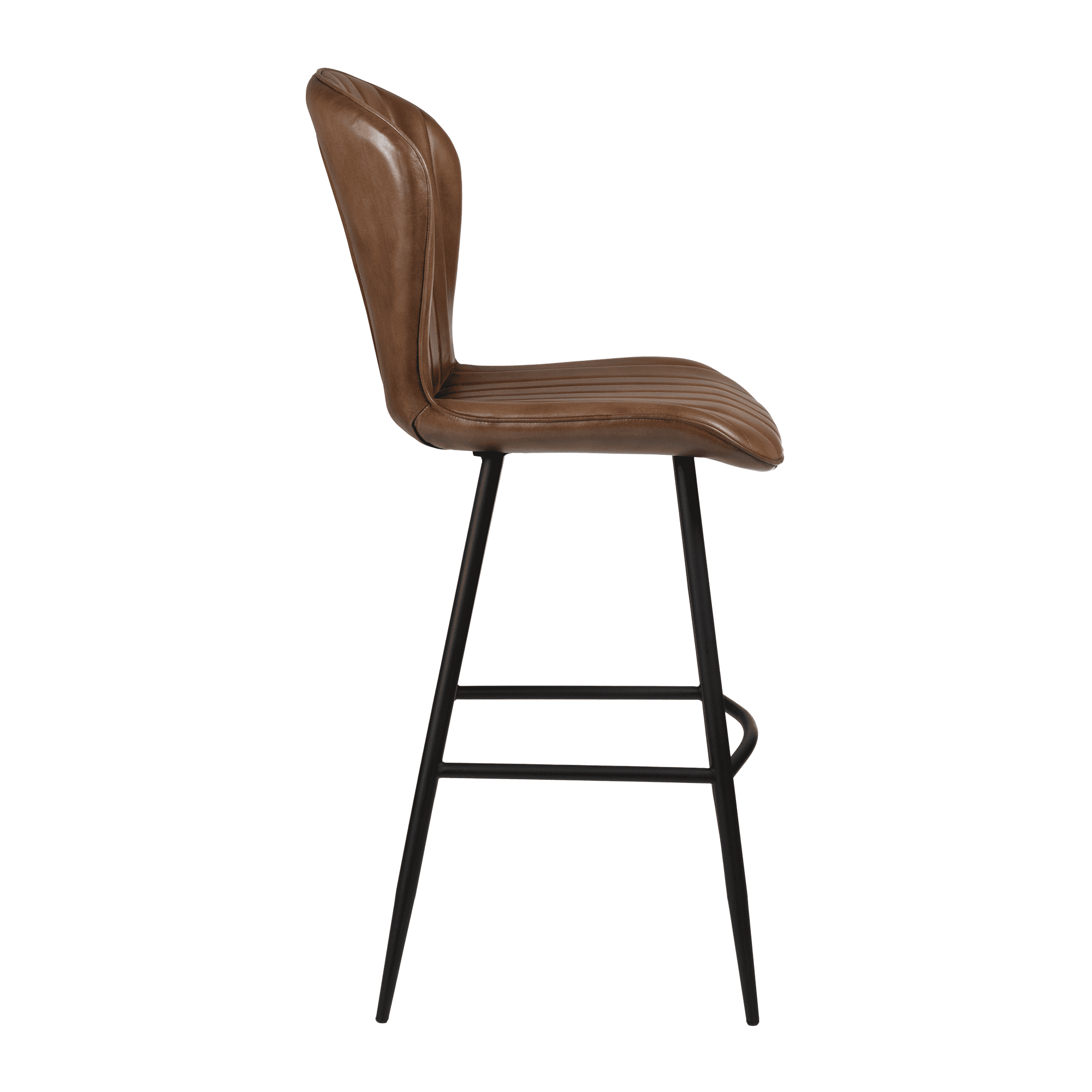 Lars Bar Stool - Genuine Pecan Brown Leather with sleek black metal legs, featuring a curved, padded seat and backrest designed for commercial spaces requiring durable, stylish seating.
