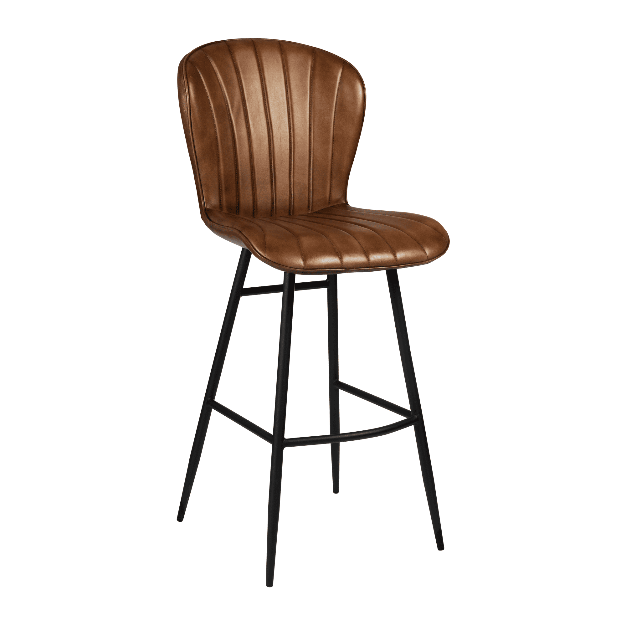 Lars Bar Stool - Genuine Pecan Brown Leather featuring a sleek, ribbed leather seat with black metal legs, designed for commercial interiors and durable hospitality settings.