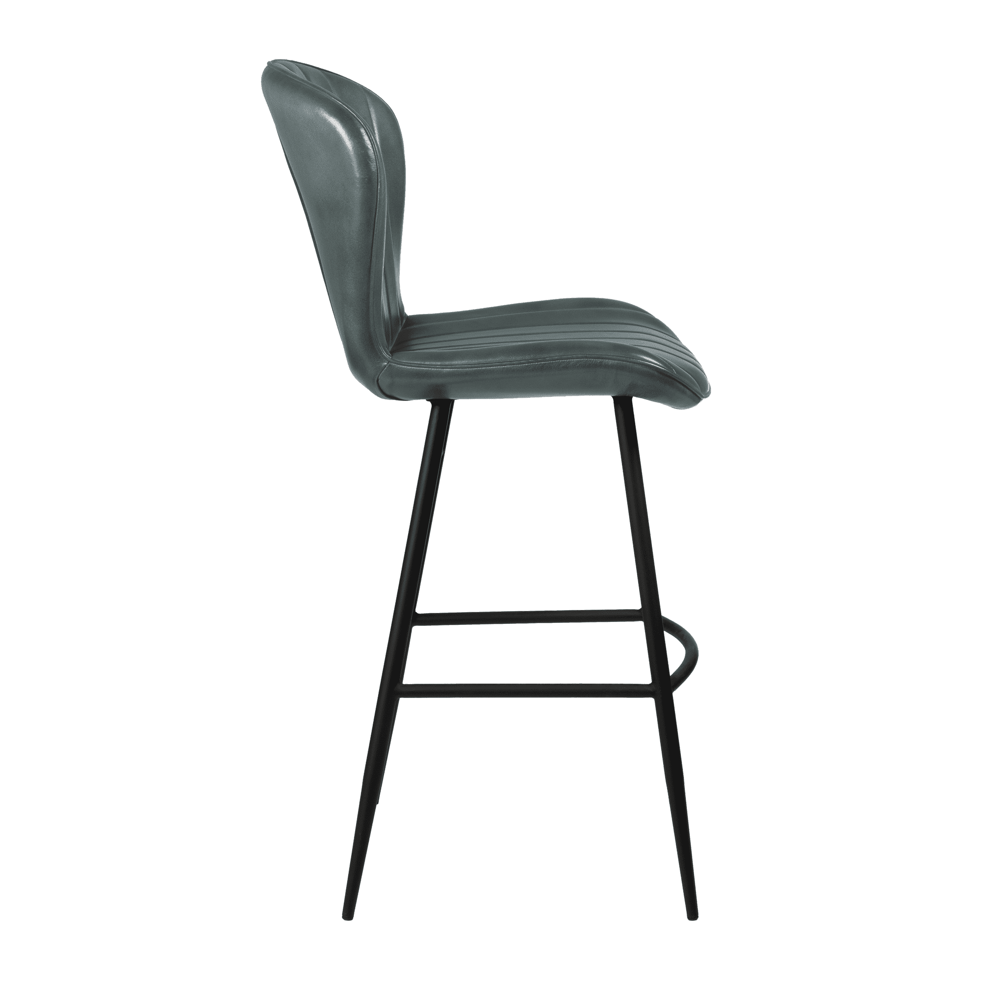 Side view of the Lars Bar Stool - Genuine Steel Grey Leather featuring a sleek steel grey leather seat with stitched detailing and black metal legs designed for commercial and hospitality settings.