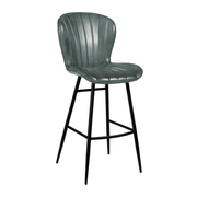 Lars Bar Stool - Genuine Steel Grey Leather featuring a sleek curved back and cushioned seat with vertical stitching, supported by slender black metal legs for stylish commercial seating.