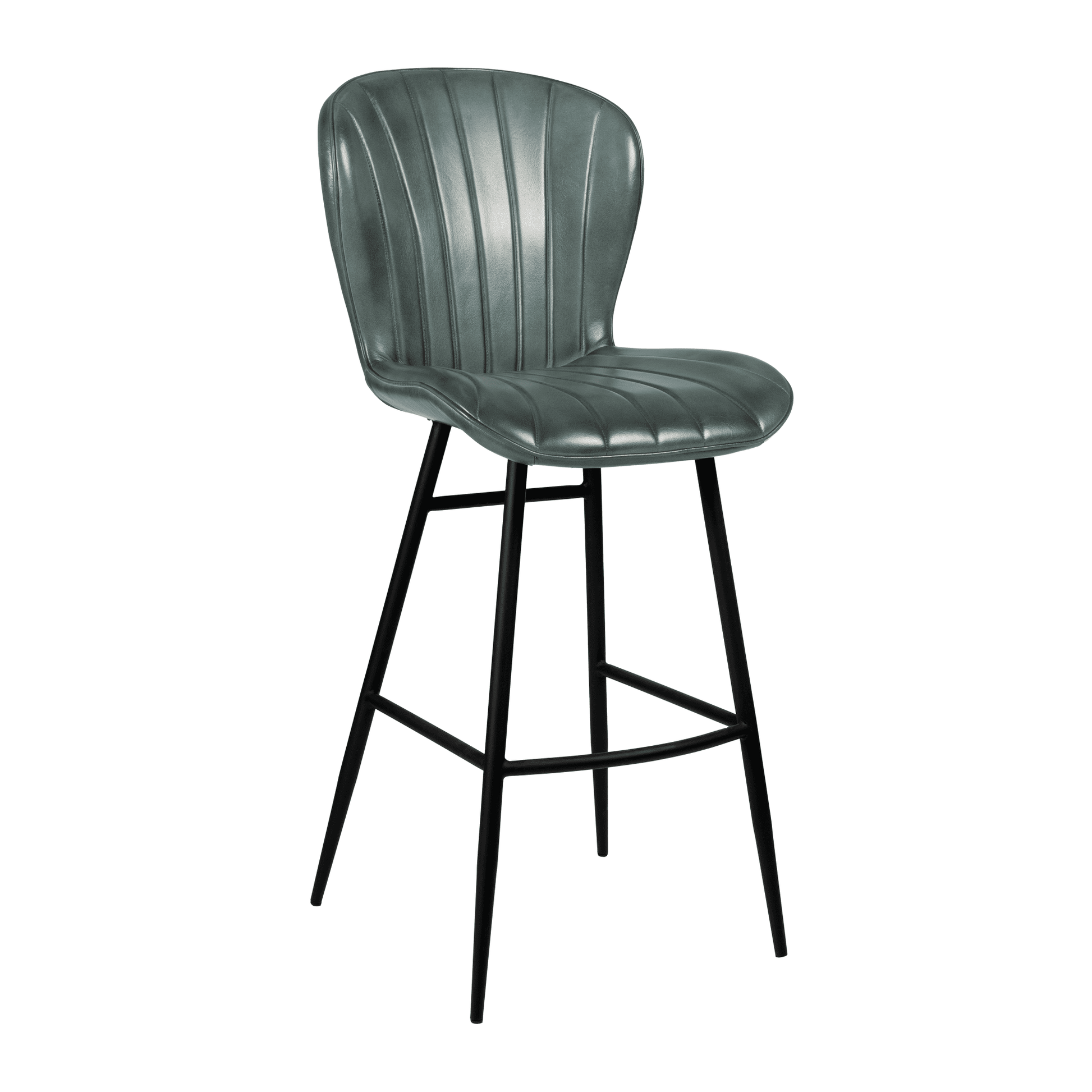 Lars Bar Stool - Genuine Steel Grey Leather featuring a sleek curved back and cushioned seat with vertical stitching, supported by slender black metal legs for stylish commercial seating.