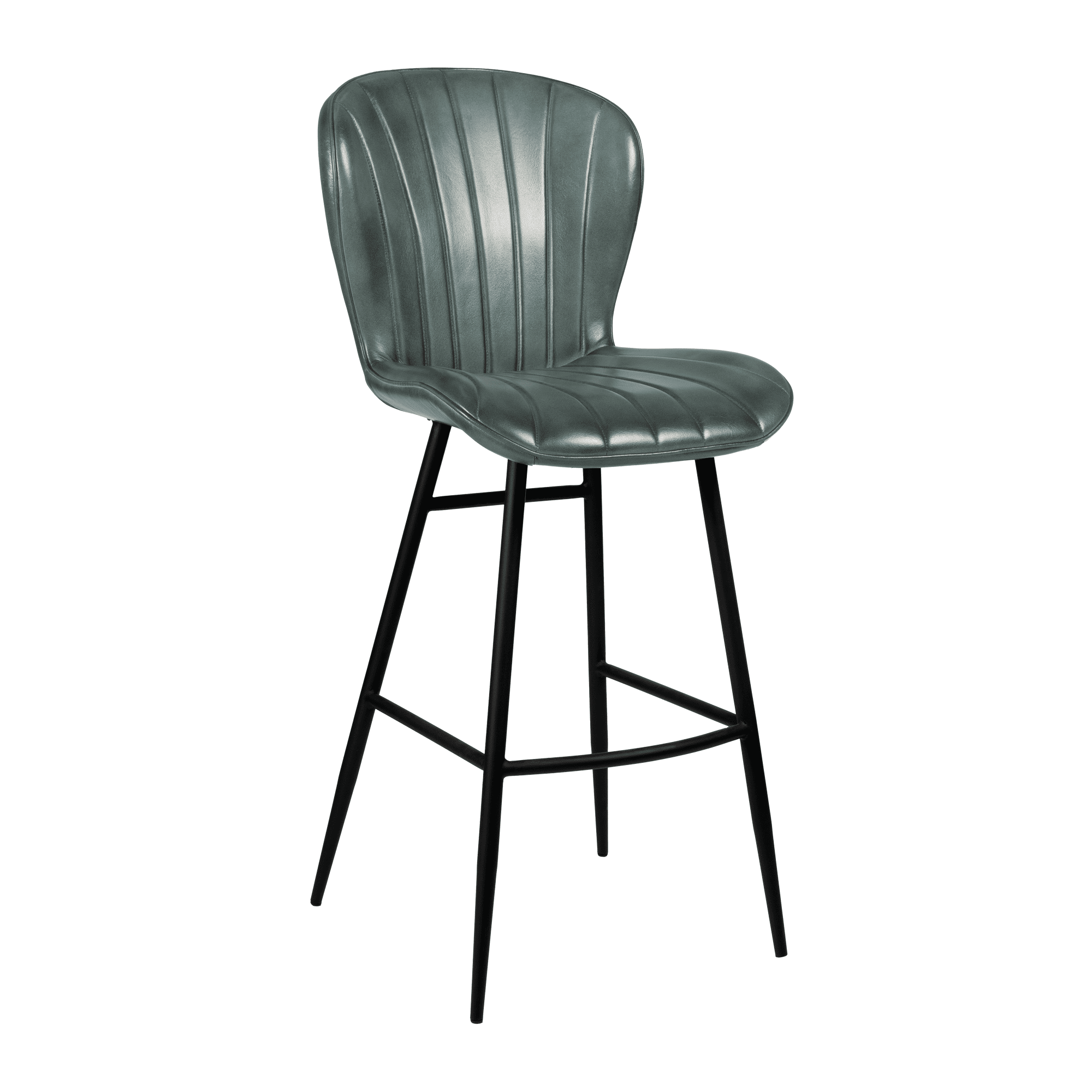 Lars Bar Stool - Genuine Steel Grey Leather featuring a sleek curved back and cushioned seat with vertical stitching, supported by slender black metal legs for stylish commercial seating.