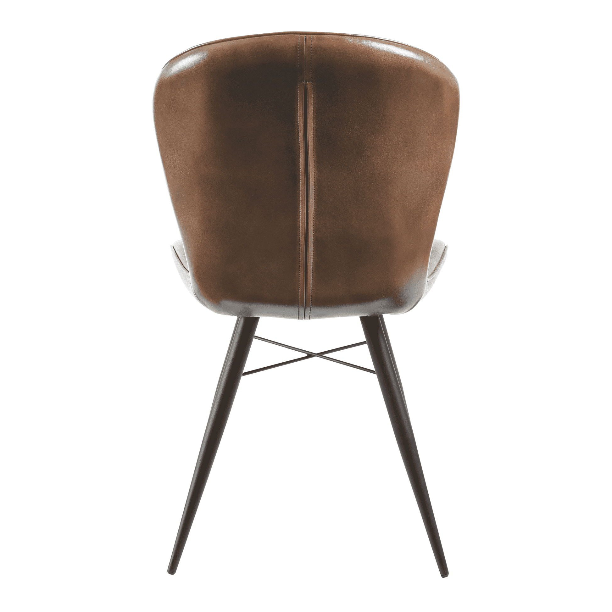 Back view of the Lars Side Chair - Genuine Pecan Brown Leather showcasing smooth leather upholstery and sleek dark wooden legs designed for commercial interiors and hospitality settings.