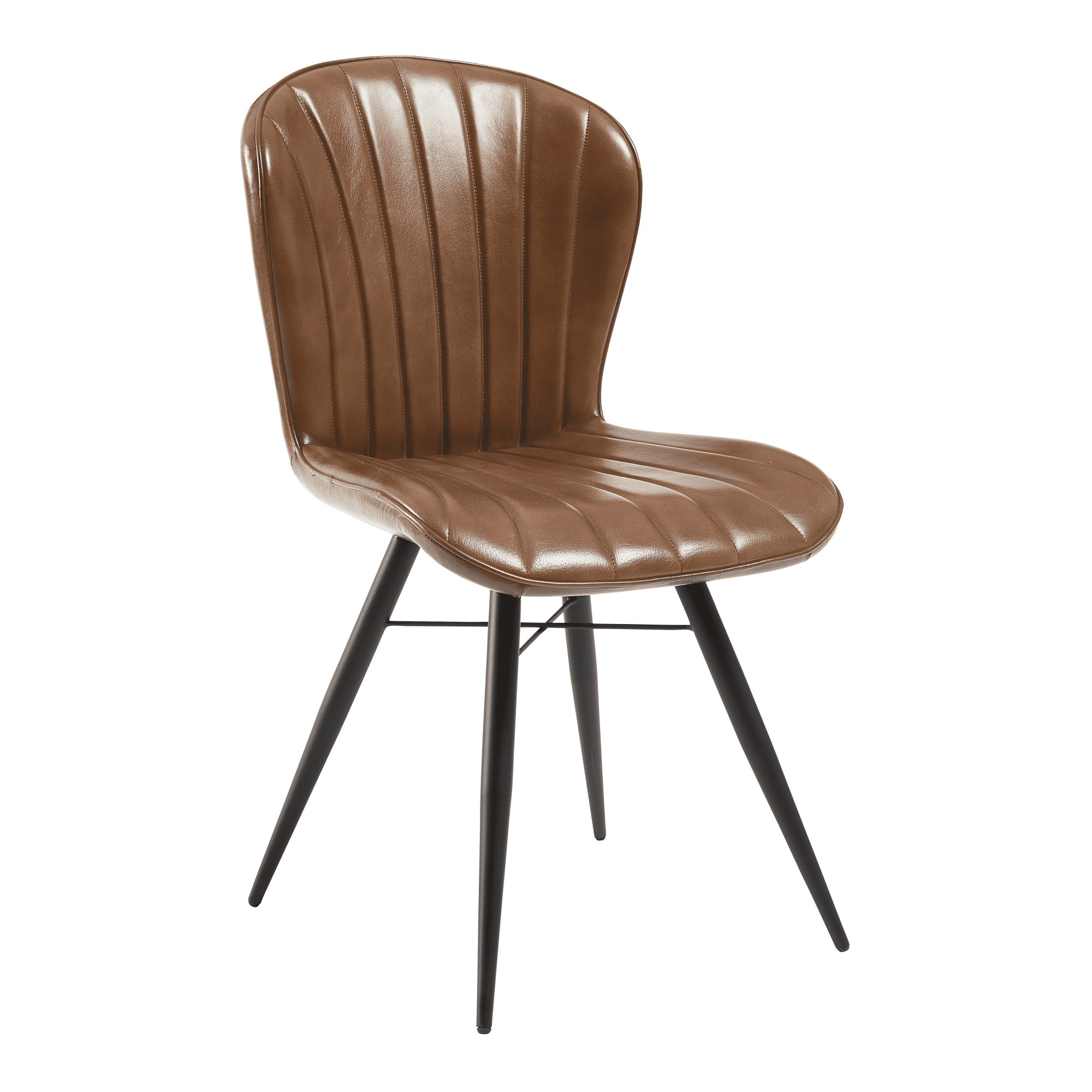 Lars Side Chair - Genuine Pecan Brown Leather featuring a sleek, contoured seat with vertical stitching and sturdy black metal legs, designed for stylish commercial and hospitality spaces.