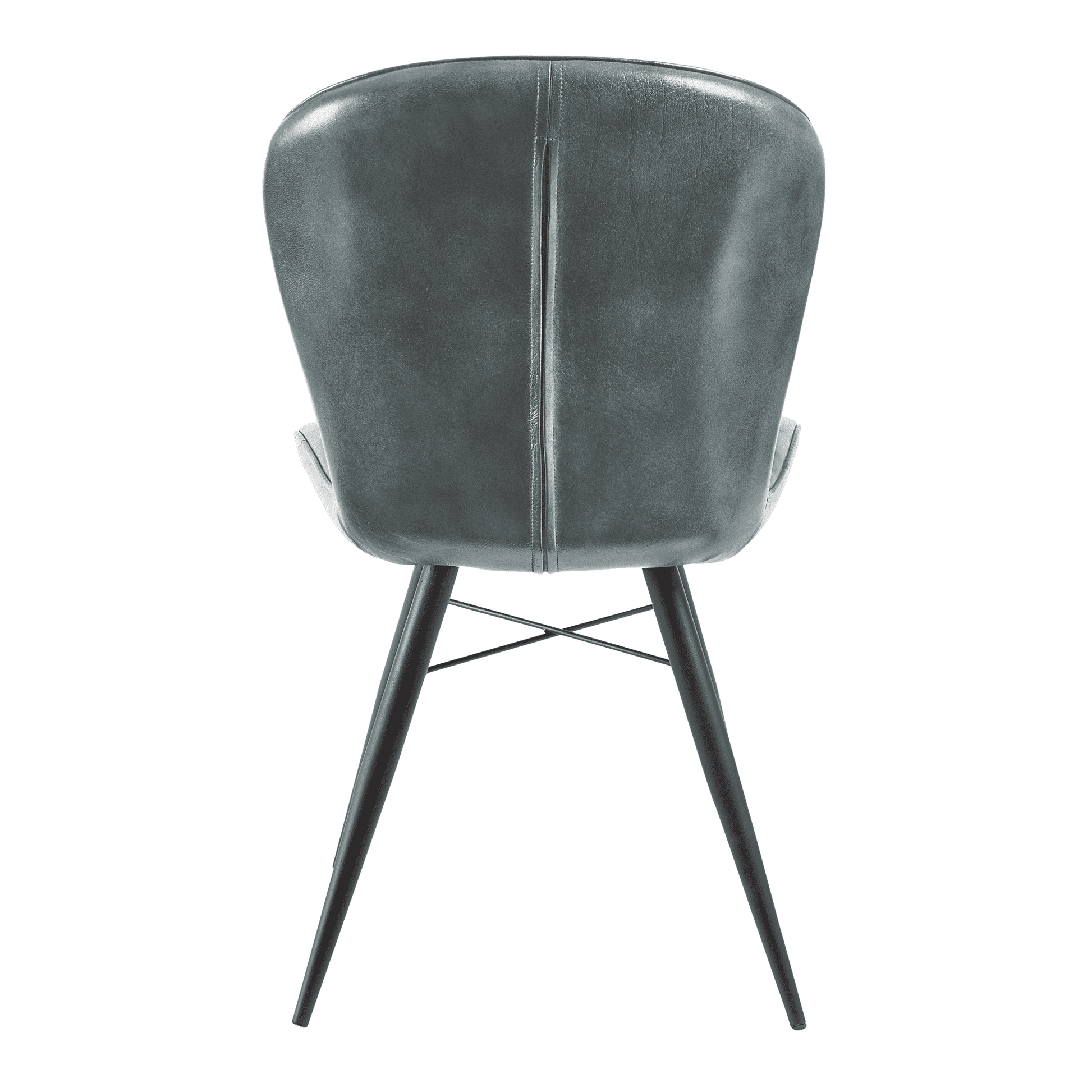 Back view of the Lars Side Chair - Genuine Steel Grey Leather showing its smooth leather upholstery and slim black metal legs with cross supports, designed for durable commercial use.