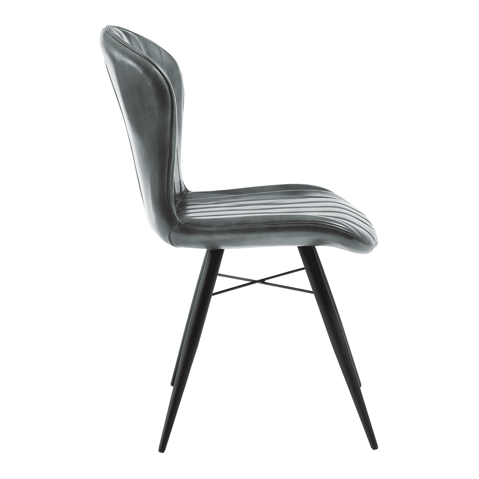 Lars Side Chair - Genuine Steel Grey Leather featuring a sleek, contoured seat with vertical stitching, supported by slender black metal legs, ideal for modern commercial interiors.
