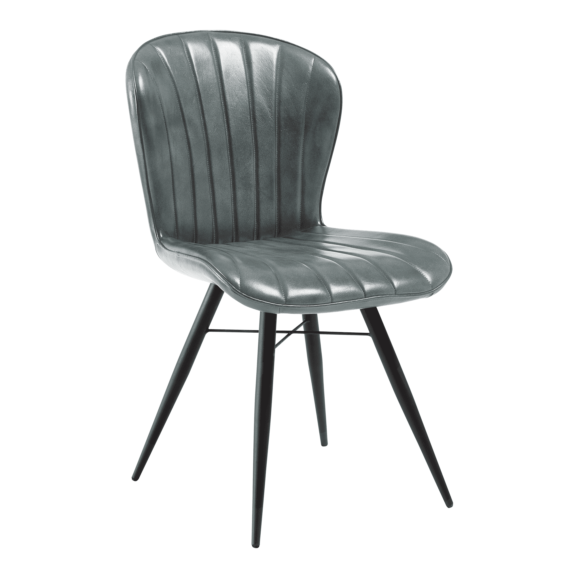 Lars Side Chair - Genuine Steel Grey Leather with vertically stitched padded seat and backrest, supported by black metal legs designed for commercial and hospitality use.