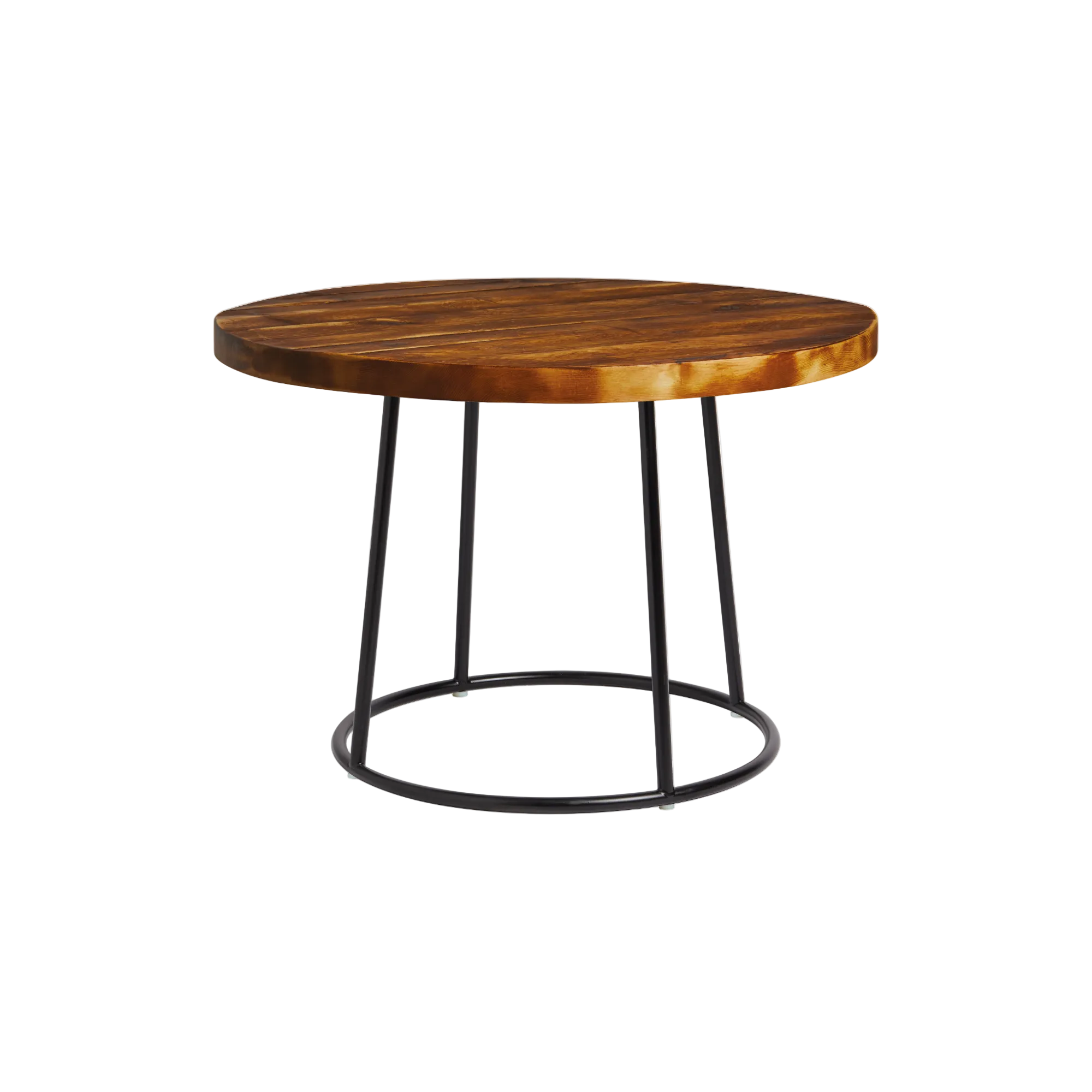 Round wooden coffee table with black metal legs on a white background. Quality Contract Furniture