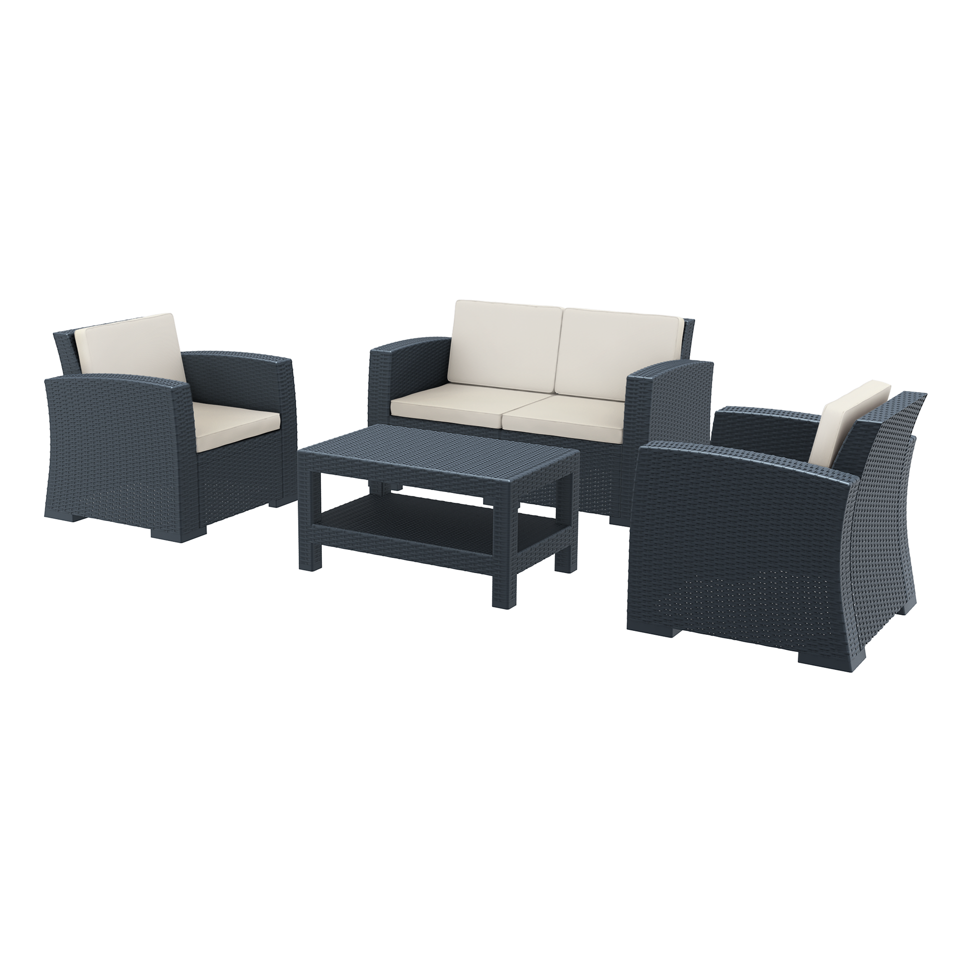 Monaco Rattan Lounge Set - Dark Grey Inc. Beige Cushions featuring a modern outdoor seating arrangement with a two-seater sofa, two armchairs, and a matching coffee table in durable rattan weave.