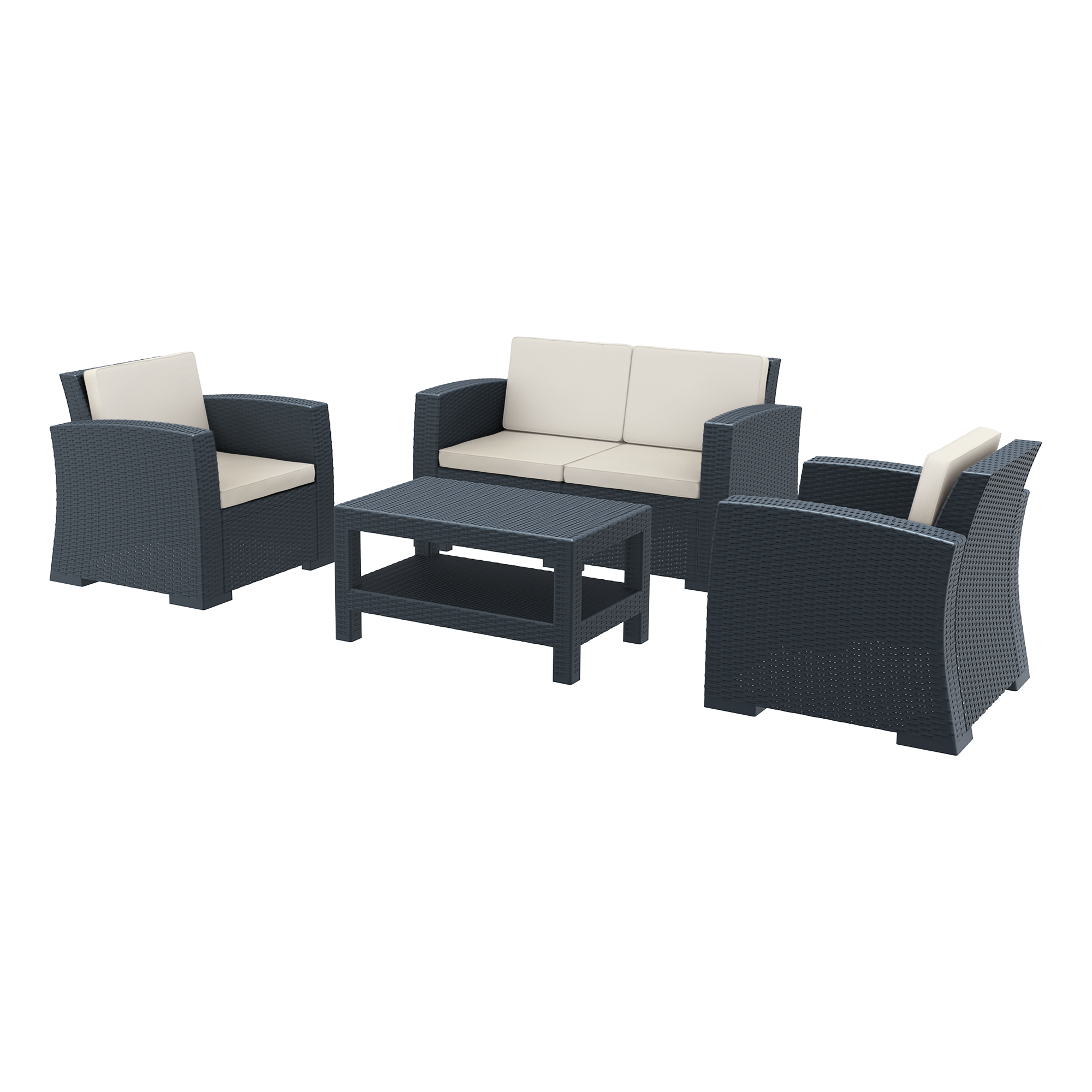 Monaco Rattan Lounge Set - Dark Grey Inc. Beige Cushions featuring a modern outdoor seating arrangement with a two-seater sofa, two armchairs, and a matching coffee table in durable rattan weave.