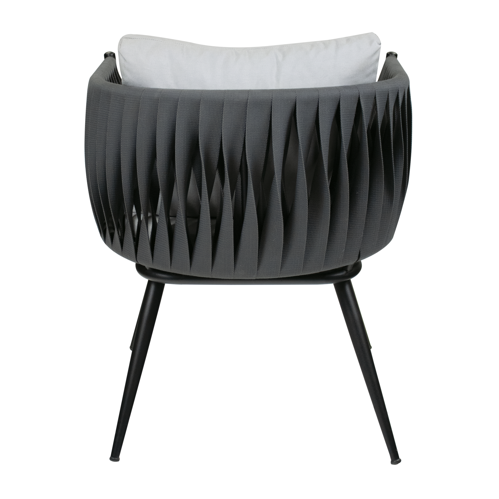 Mozzini Belt - 1 seater armchair - Dark Grey Weave / Grey Cushions - Matt Black Frame featuring a woven dark grey exterior, soft grey cushions, and sleek matt black metal legs ideal for contemporary commercial interiors.