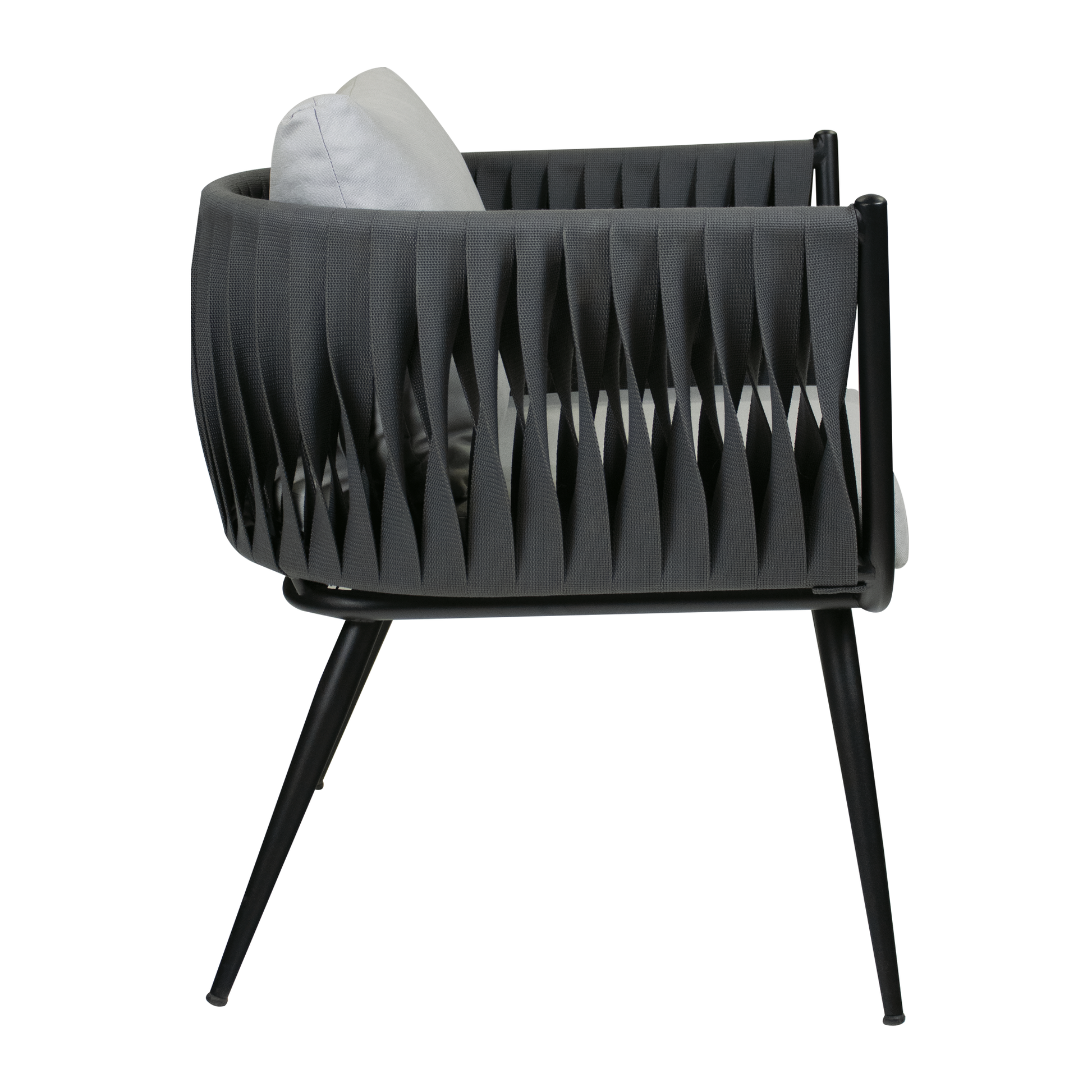 Mozzini Belt - 1 seater armchair - Dark Grey Weave / Grey Cushions - Matt Black Frame featuring a modern woven design with angled legs and soft grey cushions for stylish, comfortable seating.