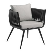 Mozzini Belt - 1 seater armchair - Dark Grey Weave / Grey Cushions - Matt Black Frame featuring a modern design with woven dark grey sides, comfortable grey cushions, and slim matt black legs ideal for stylish interiors.