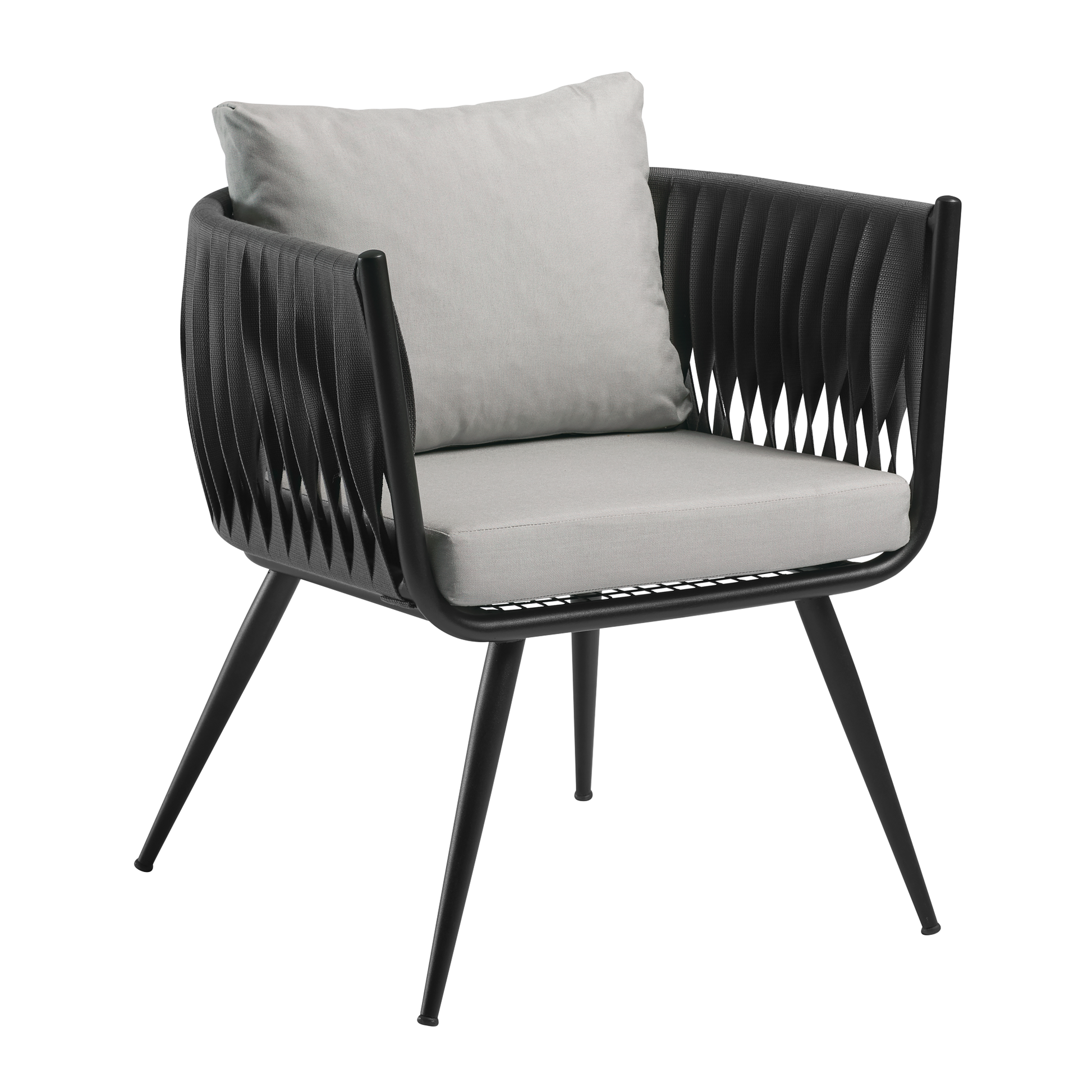 Mozzini Belt - 1 seater armchair - Dark Grey Weave / Grey Cushions - Matt Black Frame featuring a modern design with woven dark grey sides, comfortable grey cushions, and slim matt black legs ideal for stylish interiors.