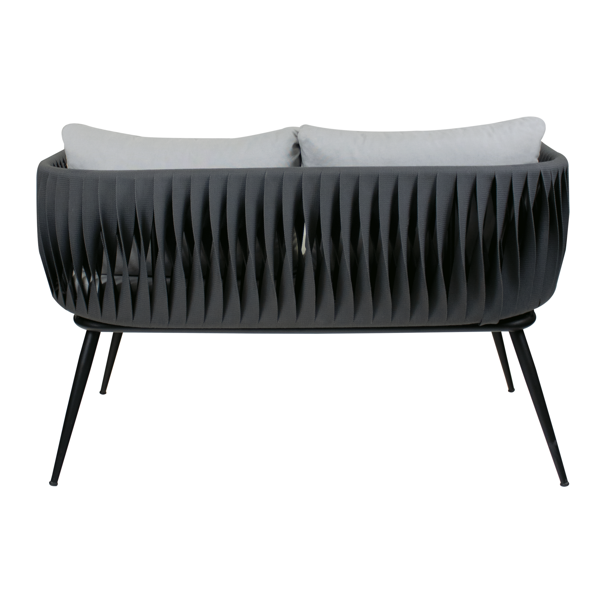 Mozzini Belt - 2 seater sofa - Dark Grey Weave with Grey Cushions and Matt Black Frame, featuring a contemporary woven design and slender metal legs for modern interiors.