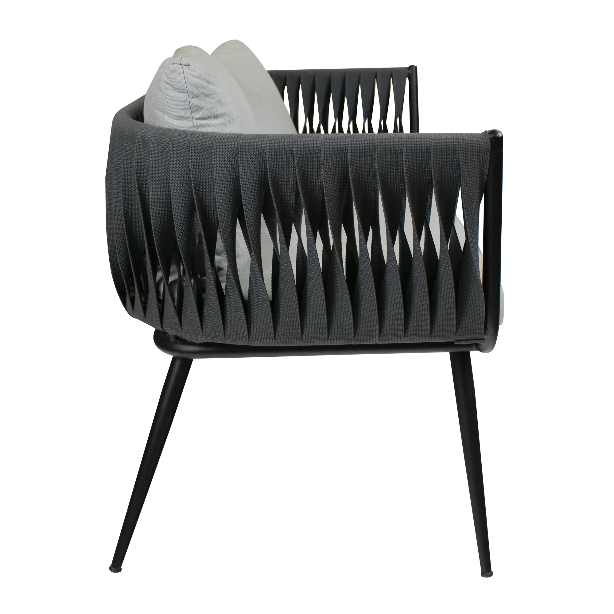 Side view of Mozzini Belt - 2 seater sofa - Dark Grey Weave / Grey Cushions - Matt Black Frame featuring woven dark grey upholstery with soft grey cushions and slender matt black legs in a modern design.