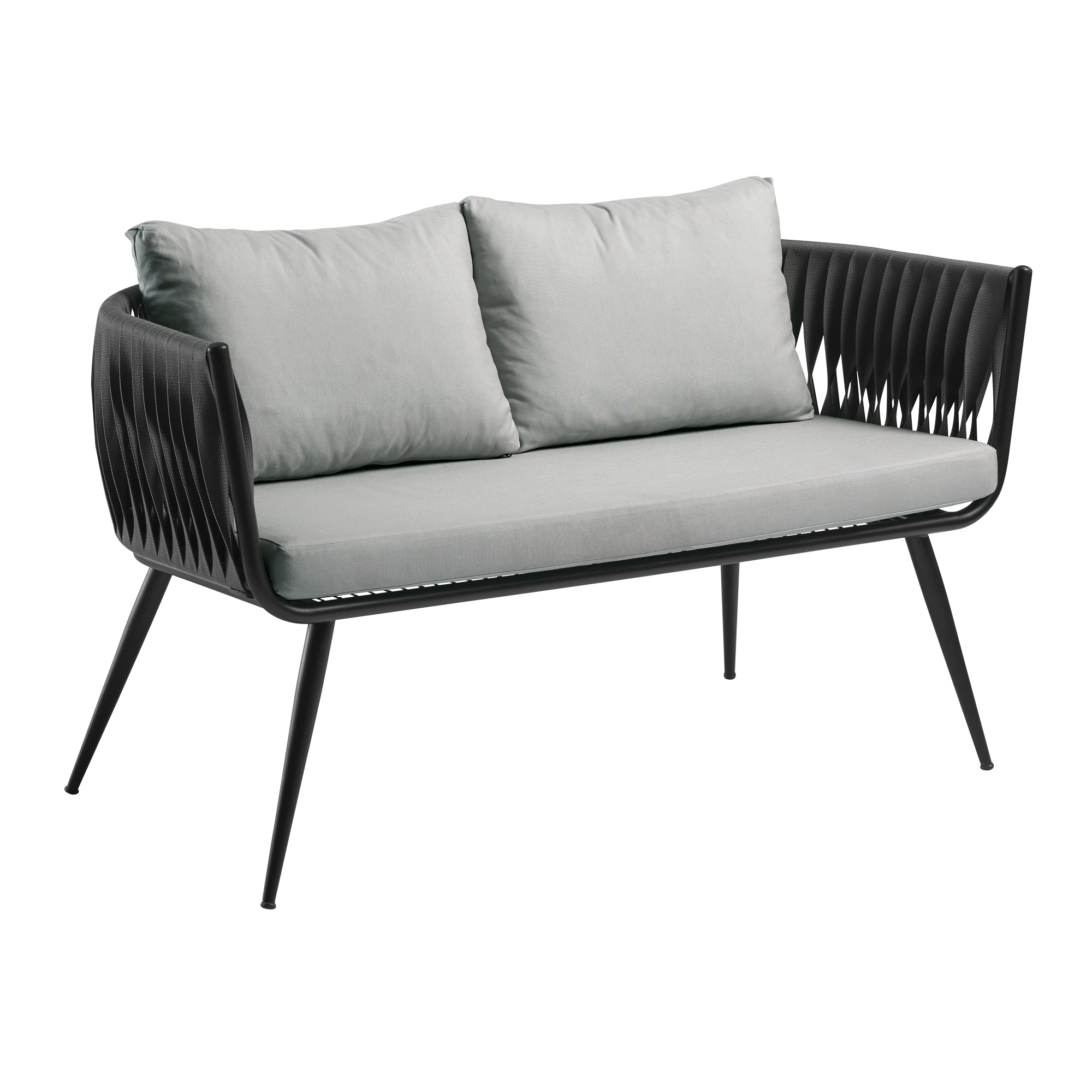 Mozzini Belt - 2 seater sofa - Dark Grey Weave / Grey Cushions - Matt Black Frame with modern woven side panels, plush grey cushions, and sleek matt black metal legs for stylish commercial interiors.