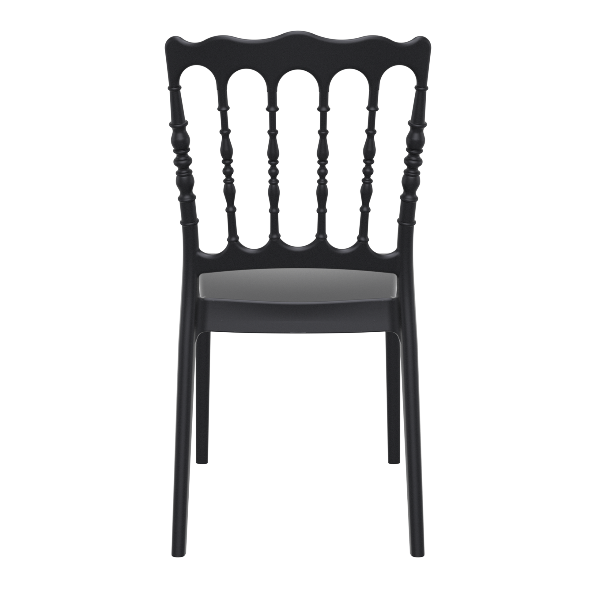Front view of a Napoleon Stacking Side Chair - Black featuring a decorative spindled back and sleek, minimalist seat designed for versatile commercial and hospitality settings.