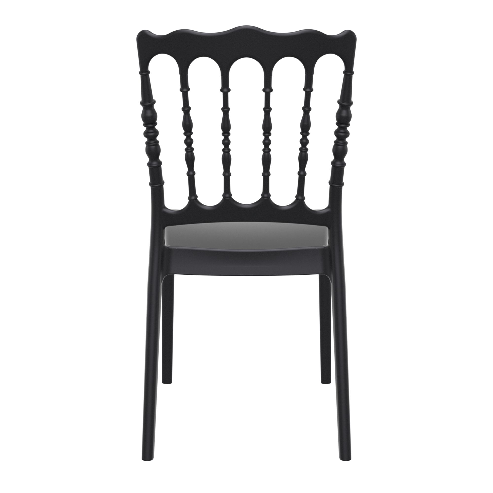 Front view of a Napoleon Stacking Side Chair - Black featuring a decorative spindled back and sleek, minimalist seat designed for versatile commercial and hospitality settings.