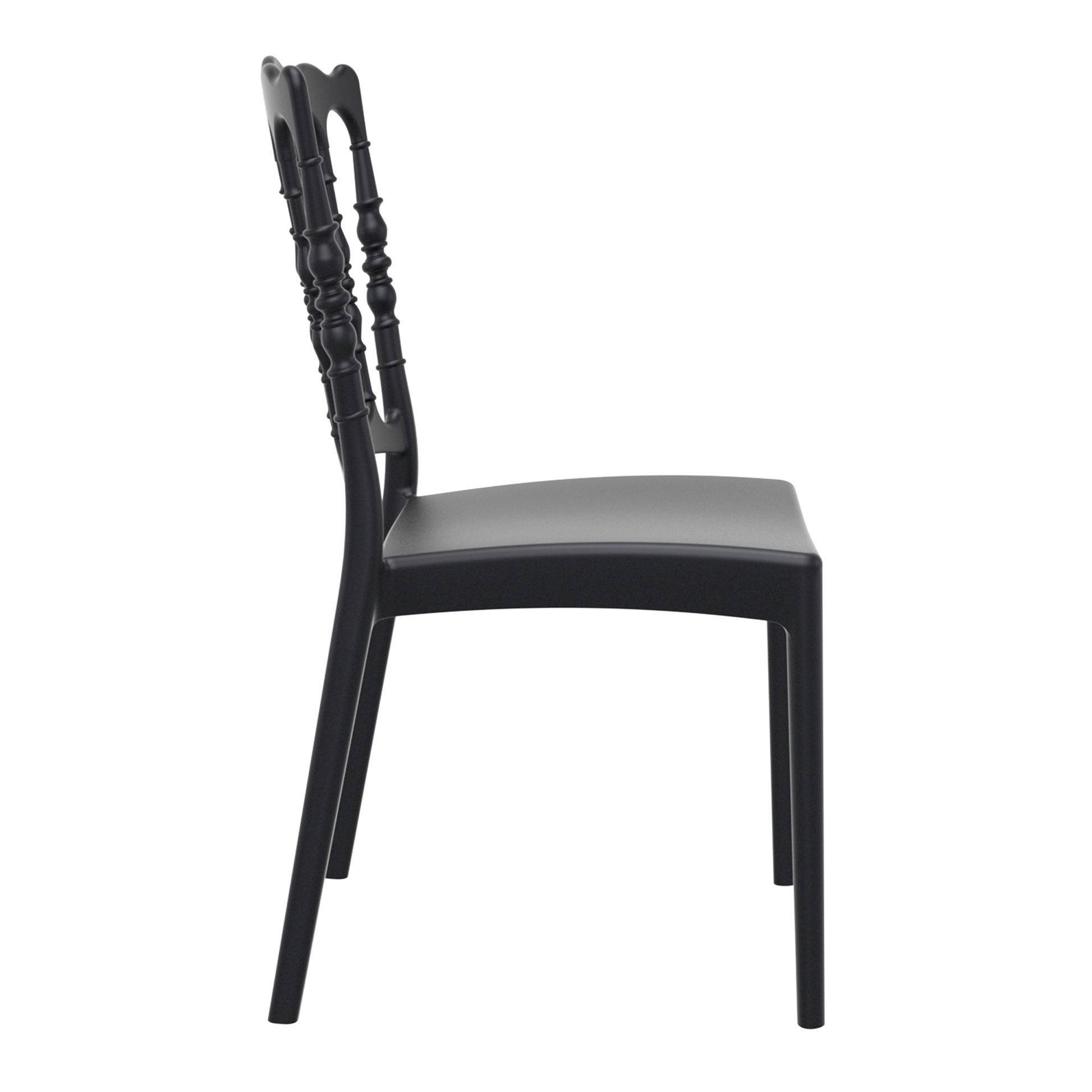 Side view of a sleek black Napoleon Stacking Side Chair - Black with a decorative, traditional-style backrest and smooth, minimalist seat designed for versatile commercial and hospitality use.