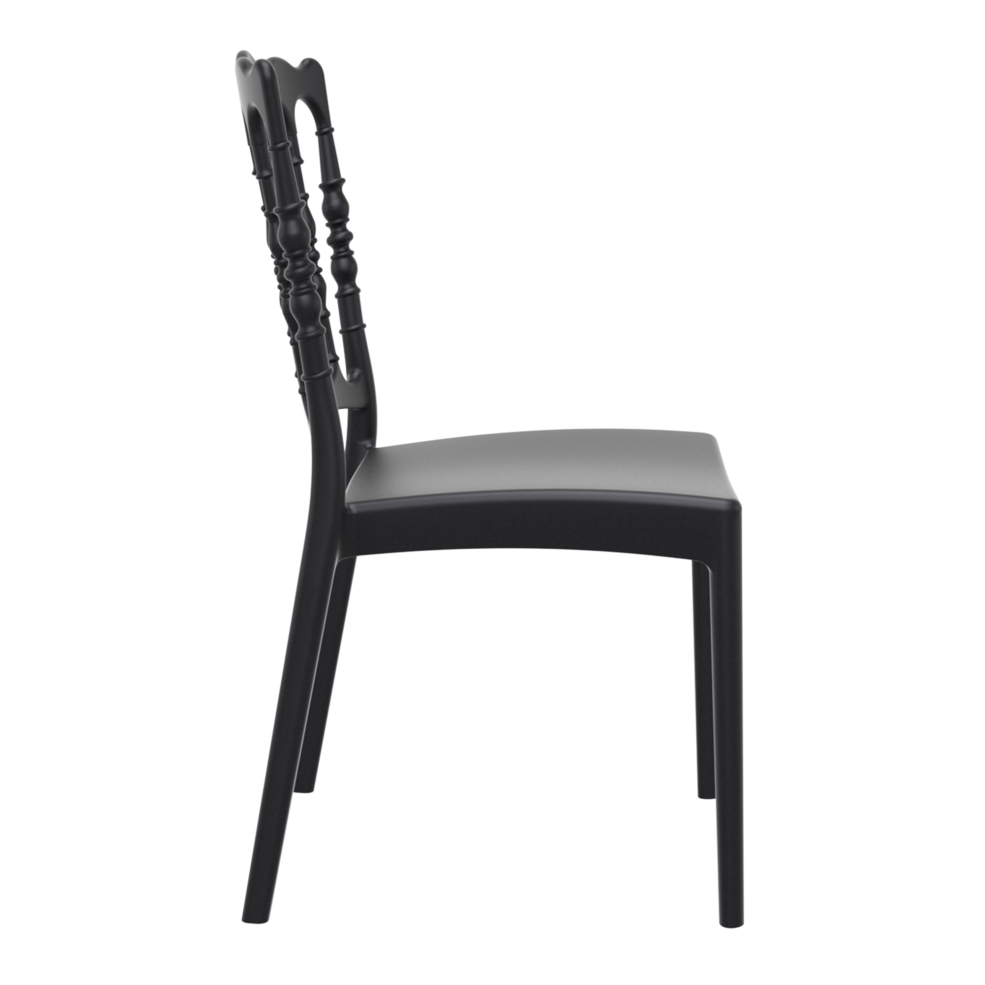 Side view of a sleek black Napoleon Stacking Side Chair - Black with a decorative, traditional-style backrest and smooth, minimalist seat designed for versatile commercial and hospitality use.