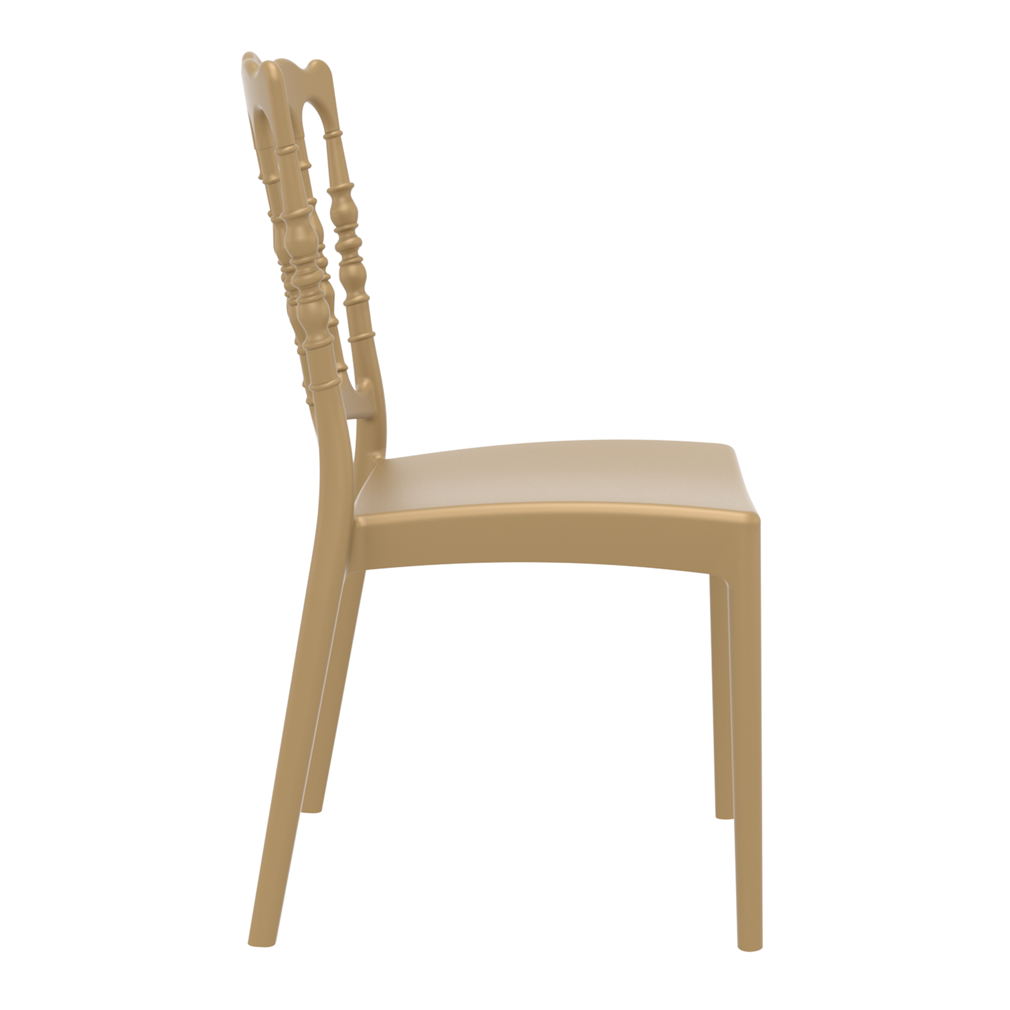 Side view of a beige Napoleon Stacking Side Chair - Gold with a decorative, carved backrest and smooth seat, designed for commercial and hospitality use.