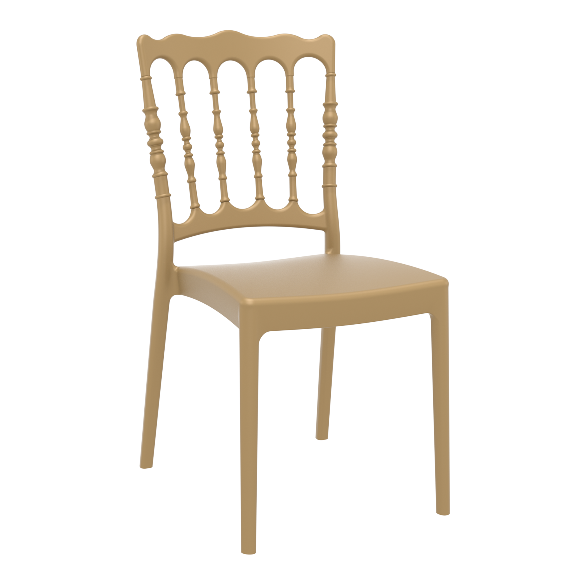 Napoleon Stacking Side Chair - Gold featuring a classic spindle back design with a contemporary gold finish, ideal for elegant commercial and hospitality settings.