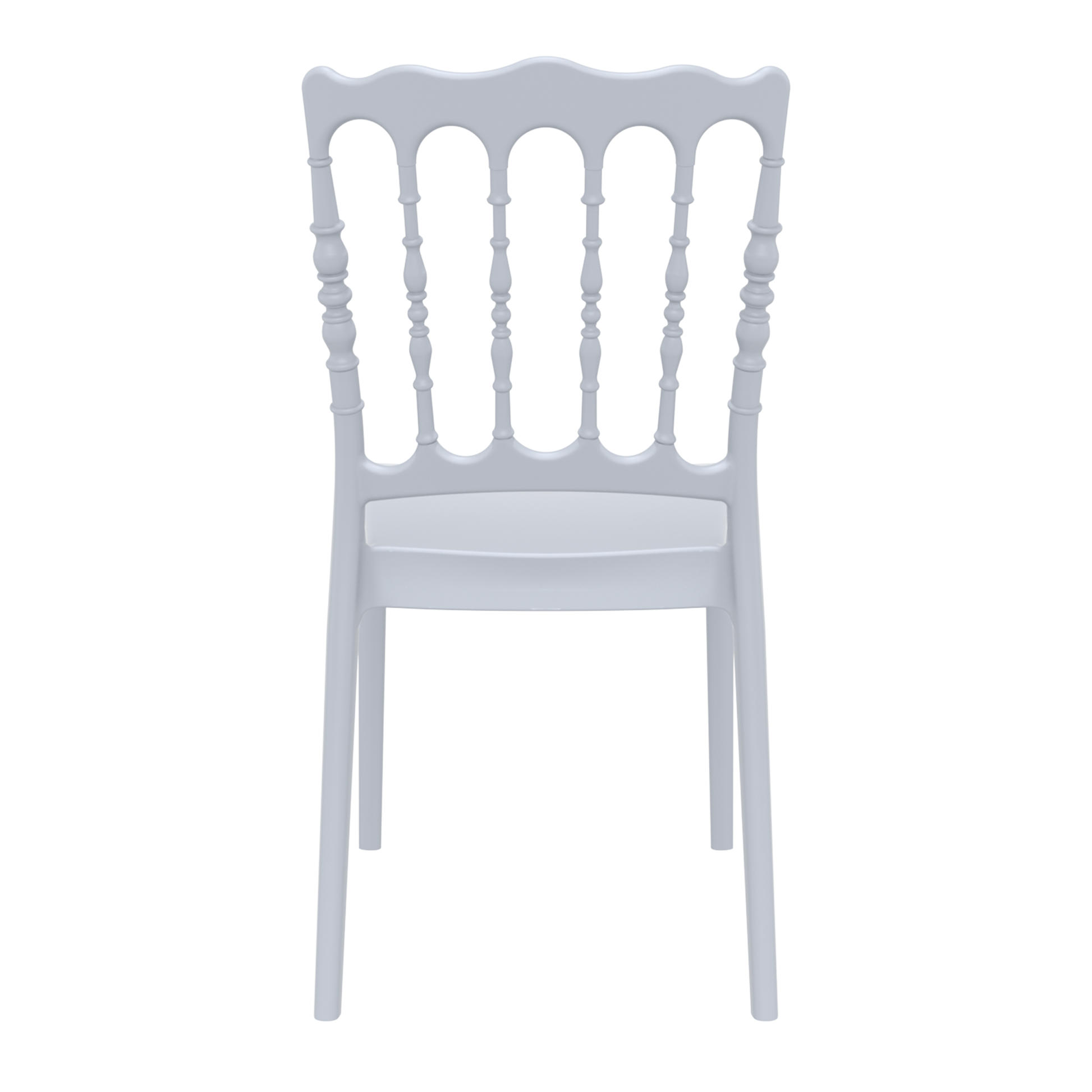 Napoleon Stacking Side Chair - Silver Grey featuring an elegant spindle back design with a smooth contoured seat, ideal for commercial and hospitality use.