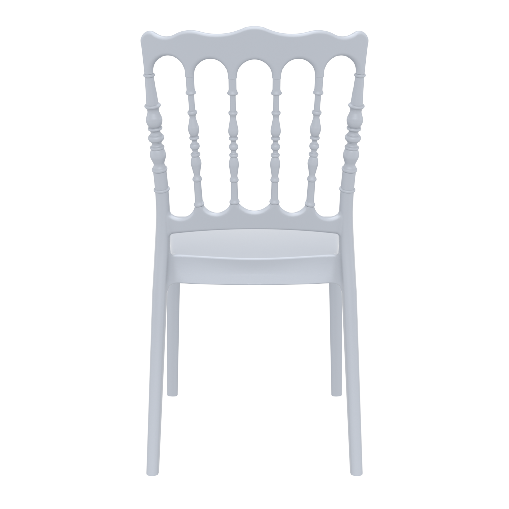 Napoleon Stacking Side Chair - Silver Grey featuring an elegant spindle back design with a smooth contoured seat, ideal for commercial and hospitality use.