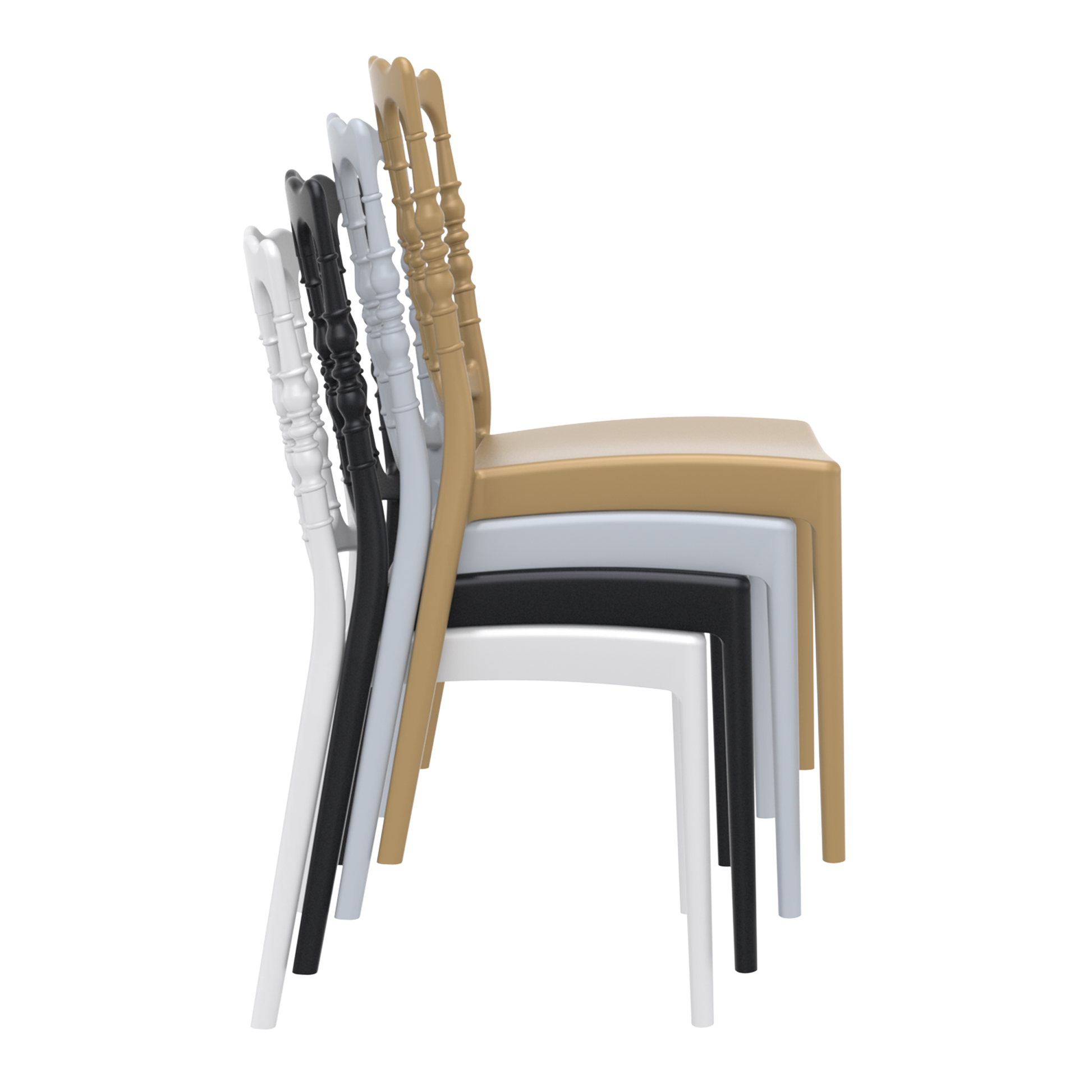 Four Napoleon Stacking Side Chair - White in various colors neatly stacked, showcasing their compact and space-saving design with classic style.