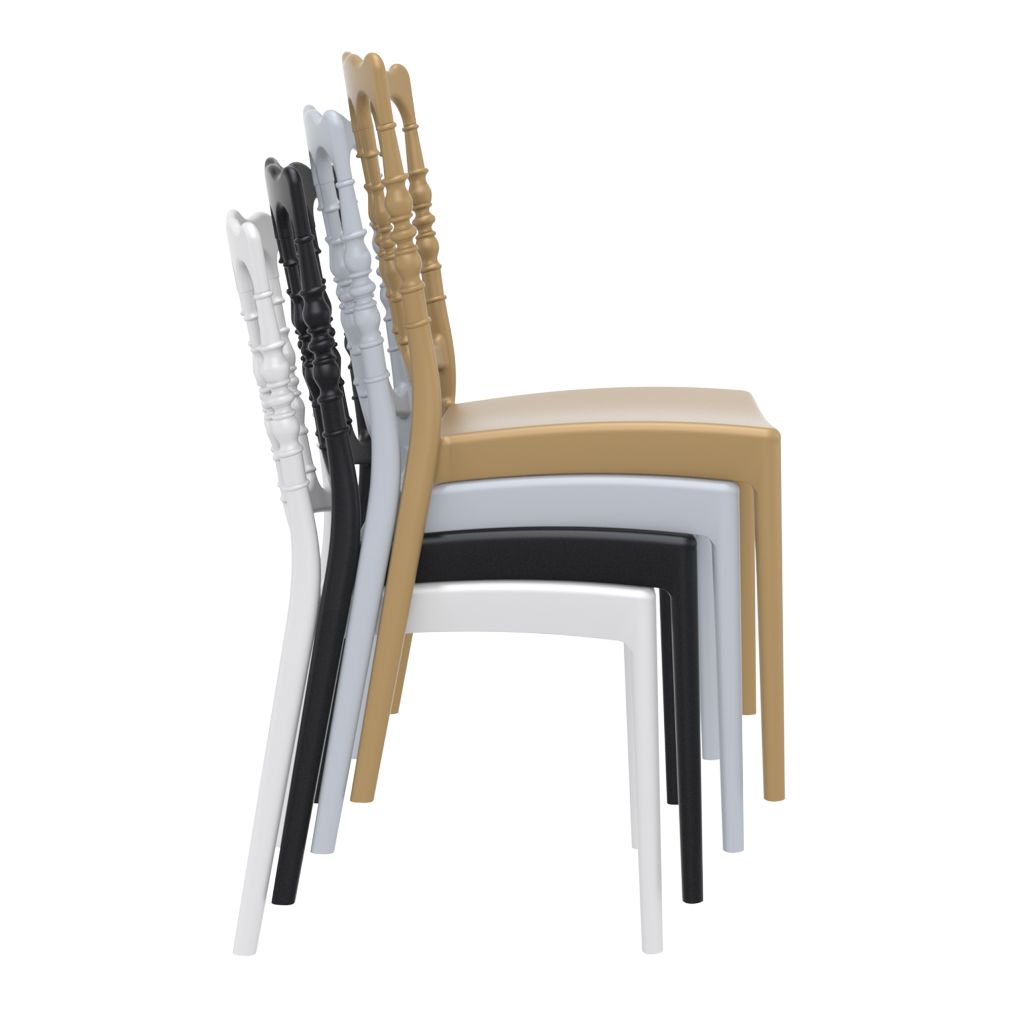 Stacked view of Napoleon Stacking Side Chair - Gold and additional chairs in black, white, and grey colors, showcasing their lightweight and compact design for easy storage.