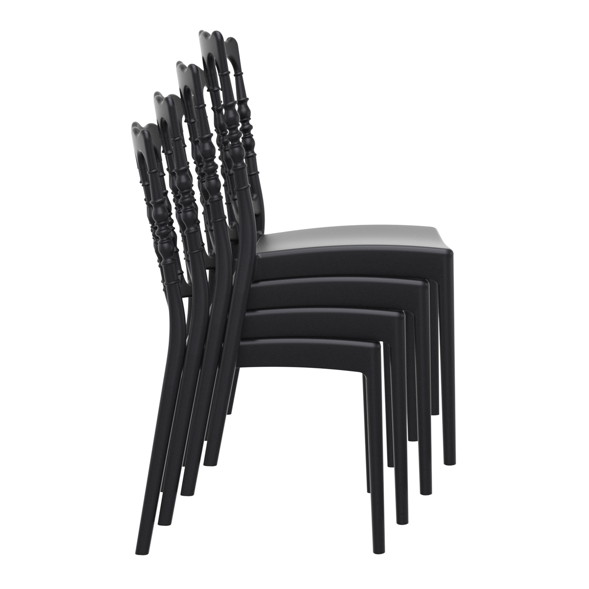 A set of four stacked Napoleon Stacking Side Chair - Black models showcasing their sleek, space-saving design and durable construction suitable for commercial interiors.