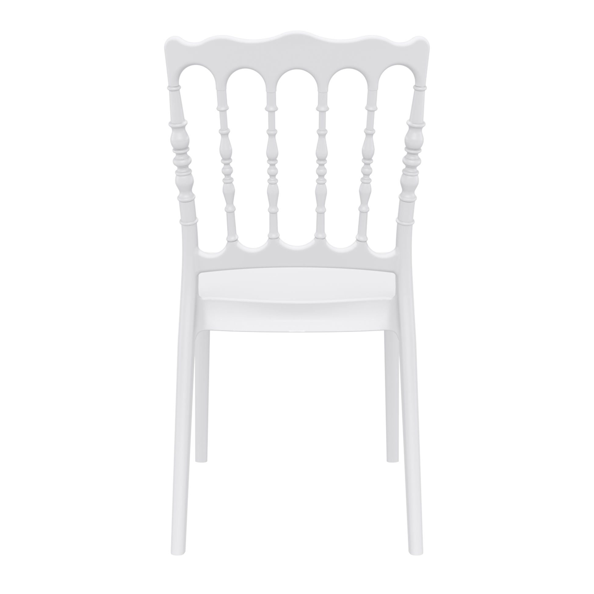 Napoleon Stacking Side Chair - White with an elegant classic design, featuring detailed turned spindles and a smooth contoured seat, ideal for stylish commercial interiors.