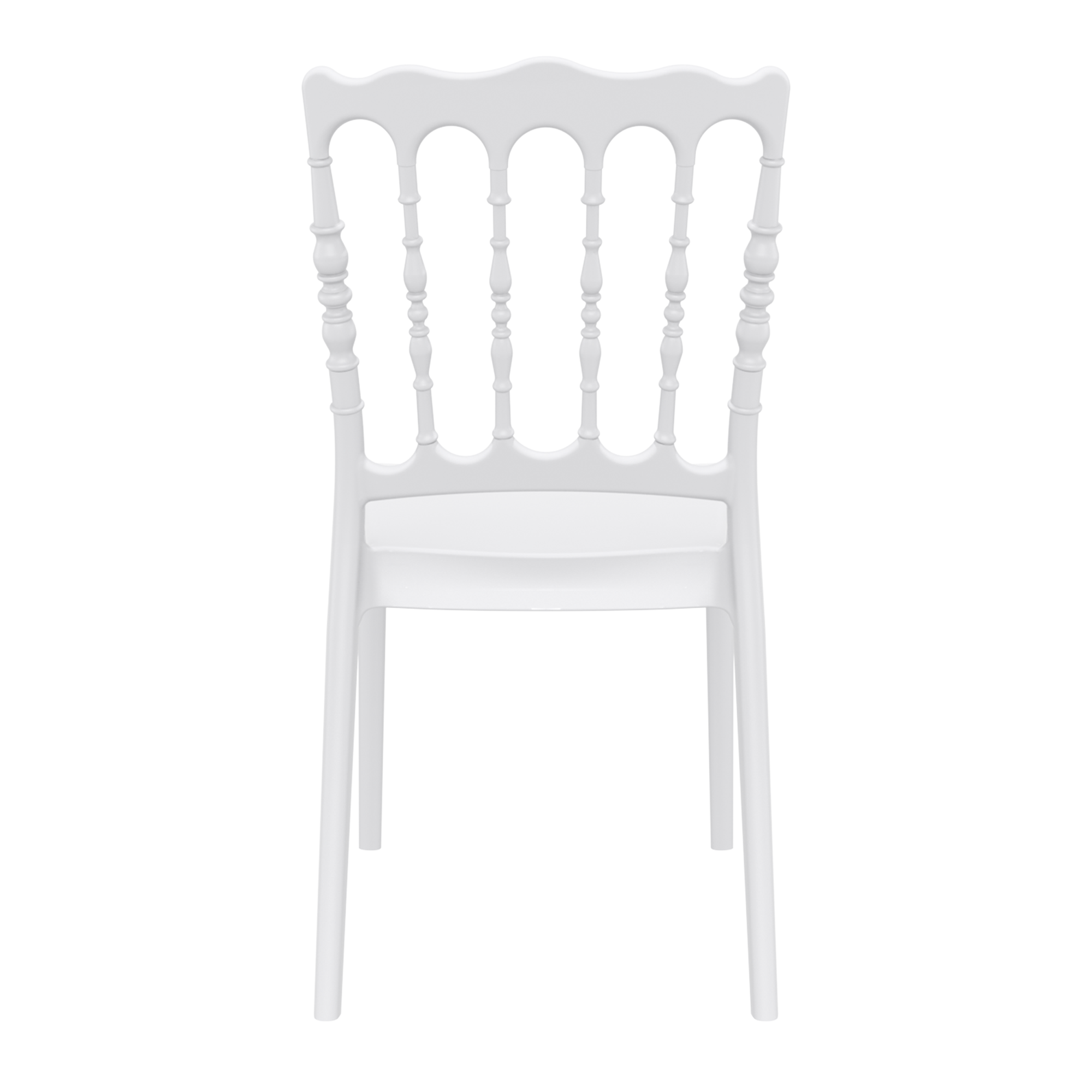 Napoleon Stacking Side Chair - White with an elegant classic design, featuring detailed turned spindles and a smooth contoured seat, ideal for stylish commercial interiors.