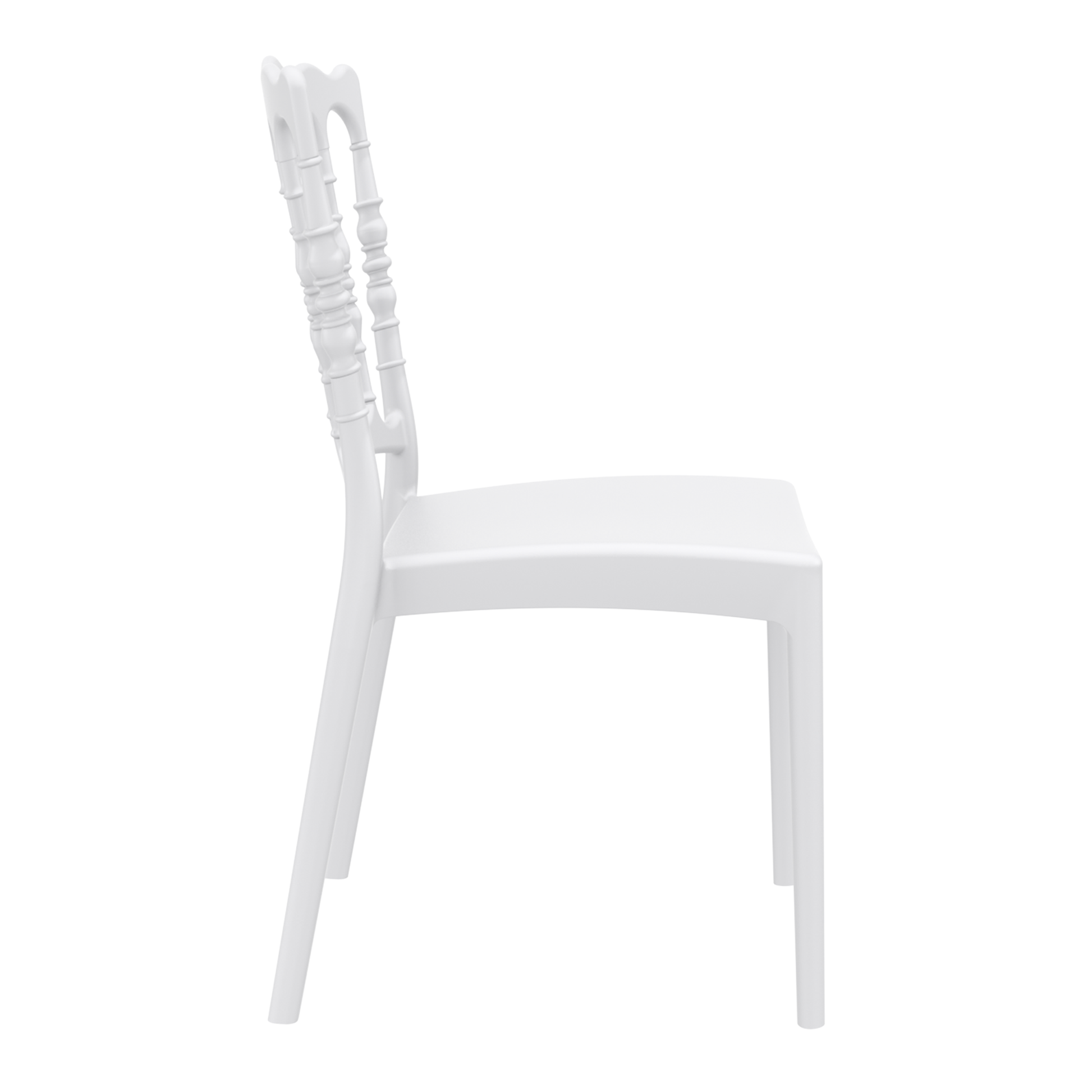 Napoleon Stacking Side Chair - White featuring a sleek, durable design with a decorative backrest, ideal for commercial and hospitality settings requiring stylish, stackable seating.