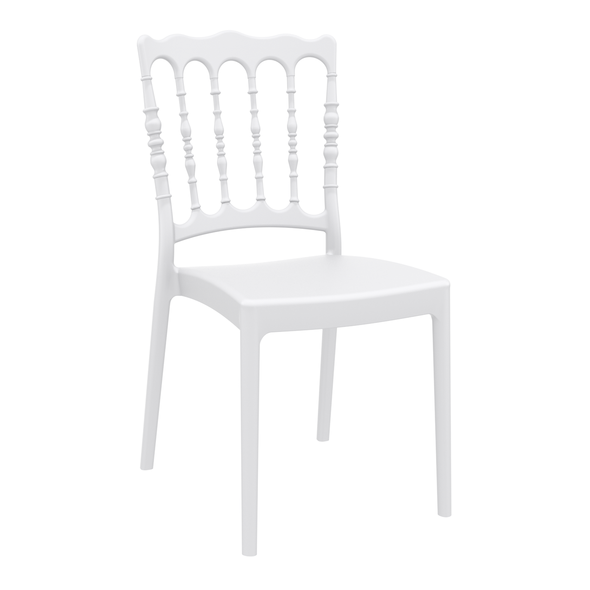 Napoleon Stacking Side Chair - White featuring a classic spindle-back design, crafted for durability and style, perfect for commercial and hospitality spaces.