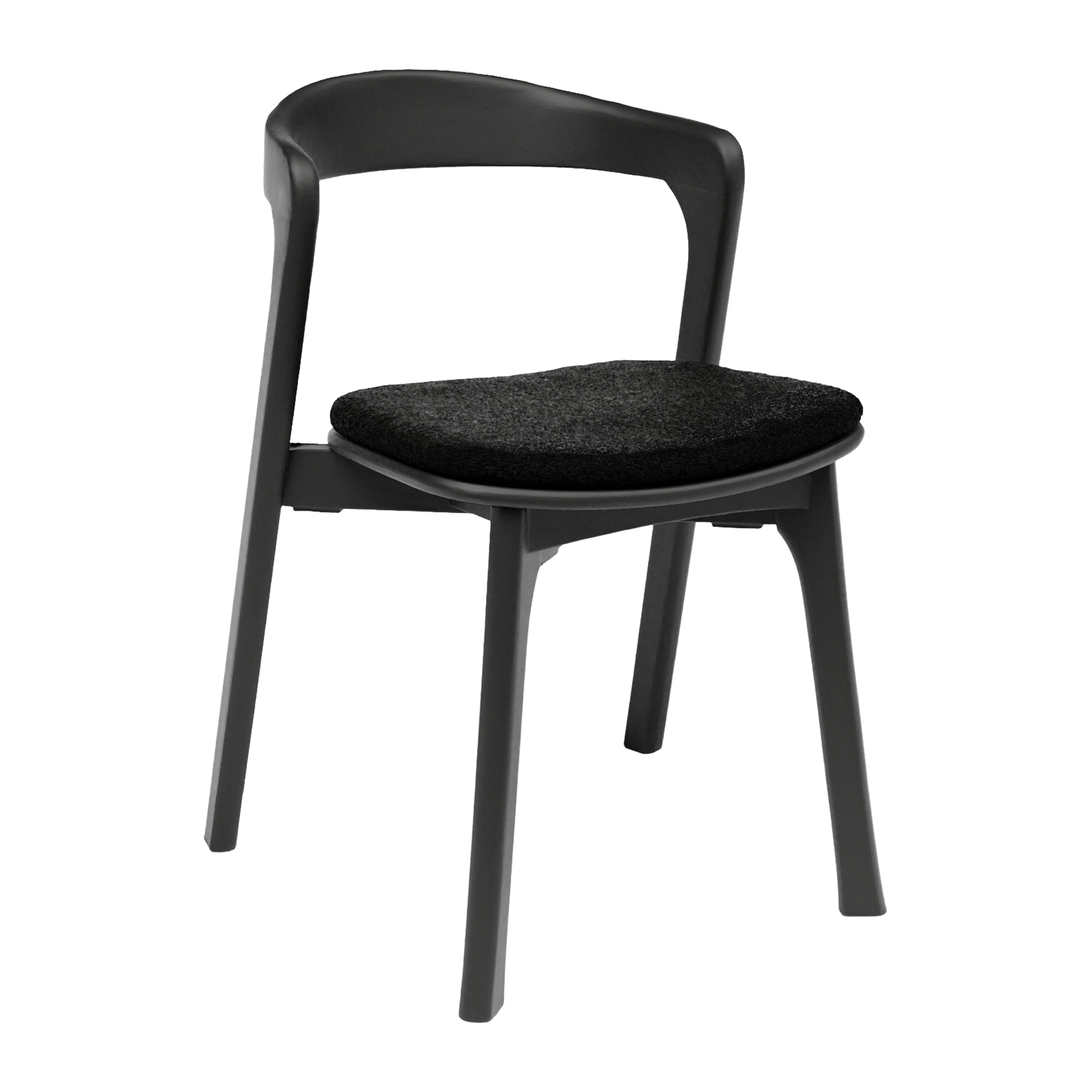 Nina Stacking Side Chair - Black - Black Upholstered Seat Pad featuring a sleek black frame with a curved backrest and a comfortable black upholstered seat pad, designed for stacking and commercial use.
