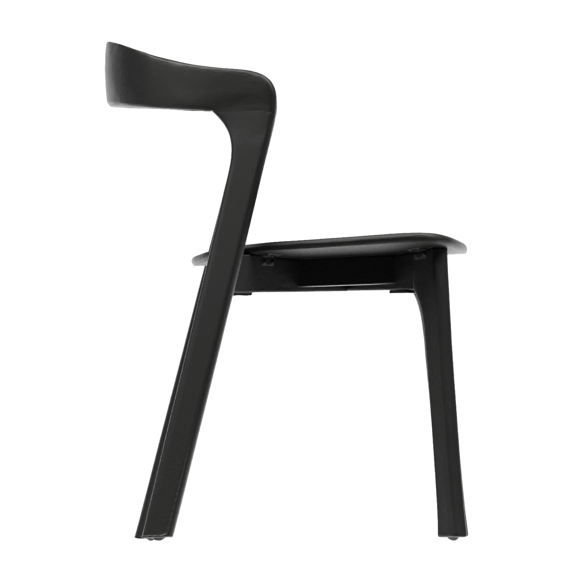 Side view of the Nina Stacking Side Chair - Black - Black Upholstered Seat Pad, featuring a sleek black frame and cushioned seat for commercial and hospitality use.