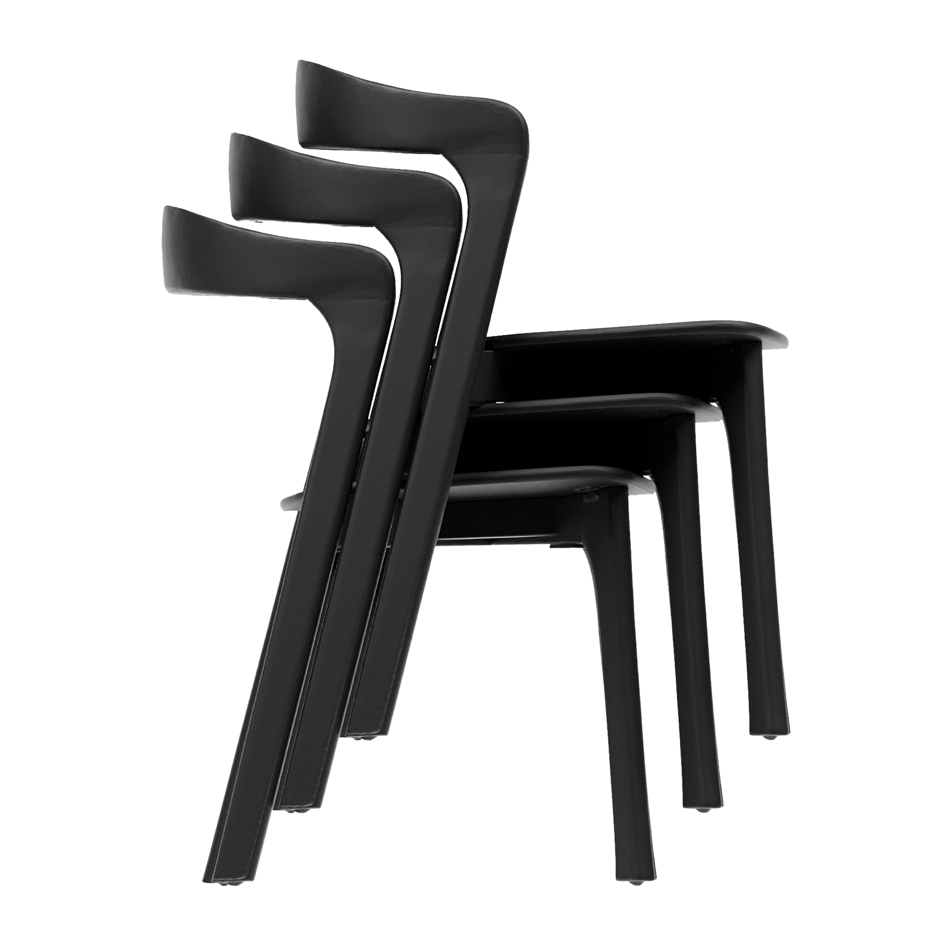 Three black Nina Stacking Side Chair - Black - White Upholstered Seat Pad chairs neatly stacked showing sleek design and space-saving functionality for modern commercial interiors.