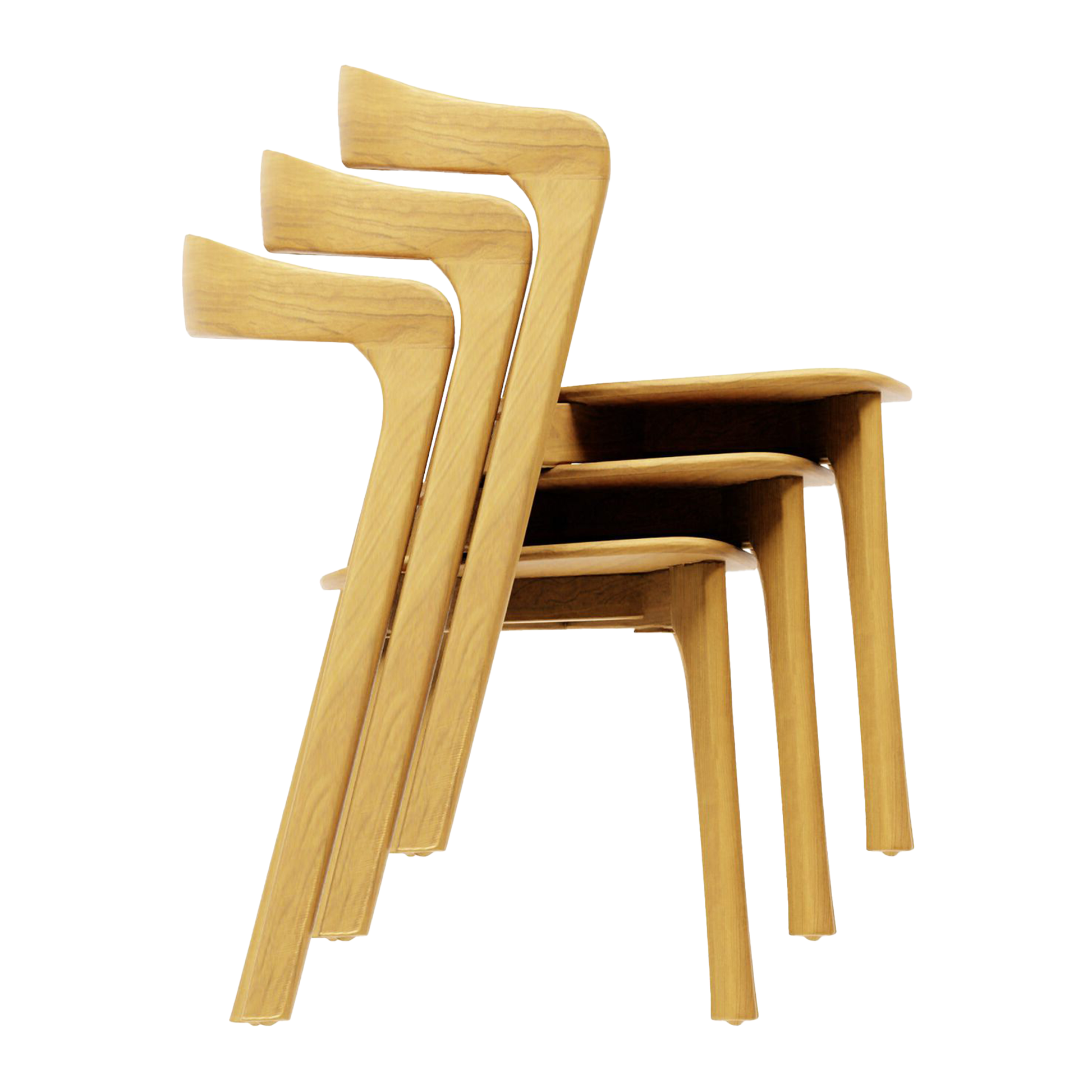 Three Nina Stacking Side Chairs - Natural Oak - Black Upholstered Seat Pad stacked neatly, showcasing clean lines and smooth wood finish ideal for commercial environments.
