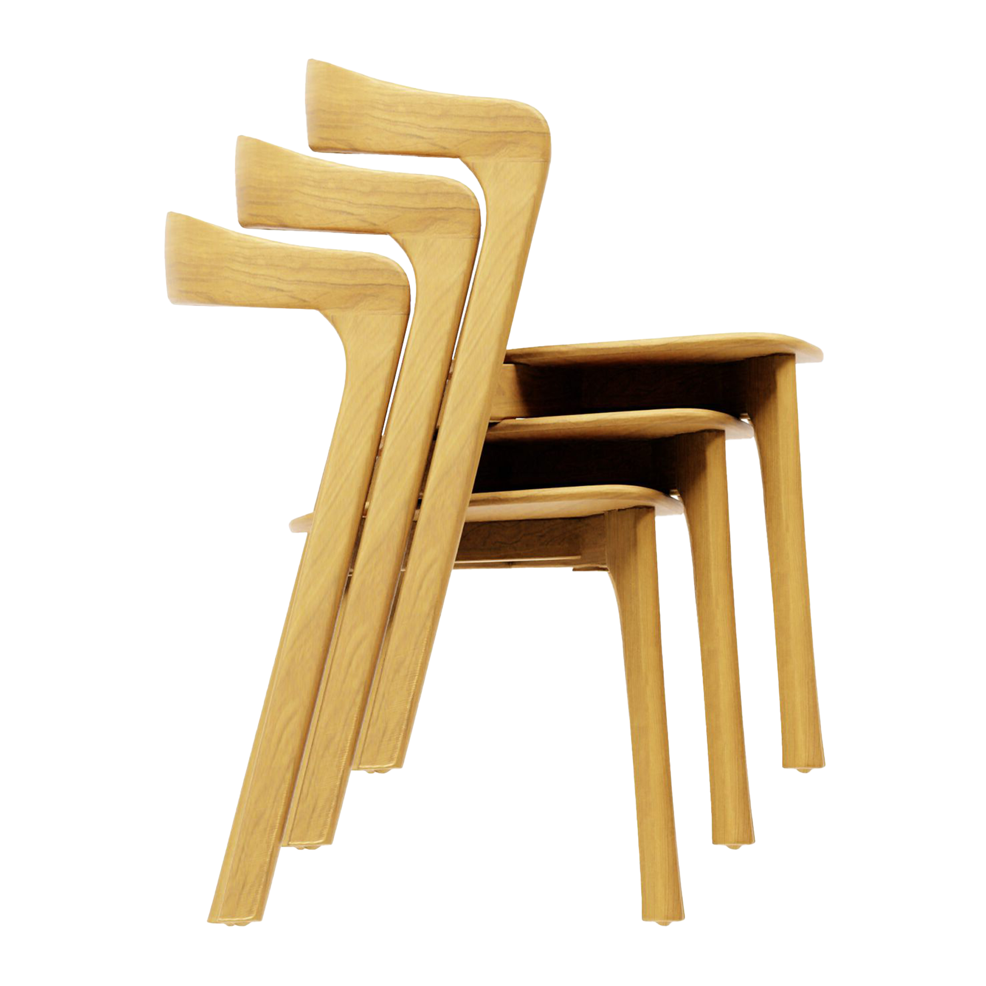 Three Nina Stacking Side Chairs - Natural Oak - Black Upholstered Seat Pad stacked neatly, showcasing clean lines and smooth wood finish ideal for commercial environments.