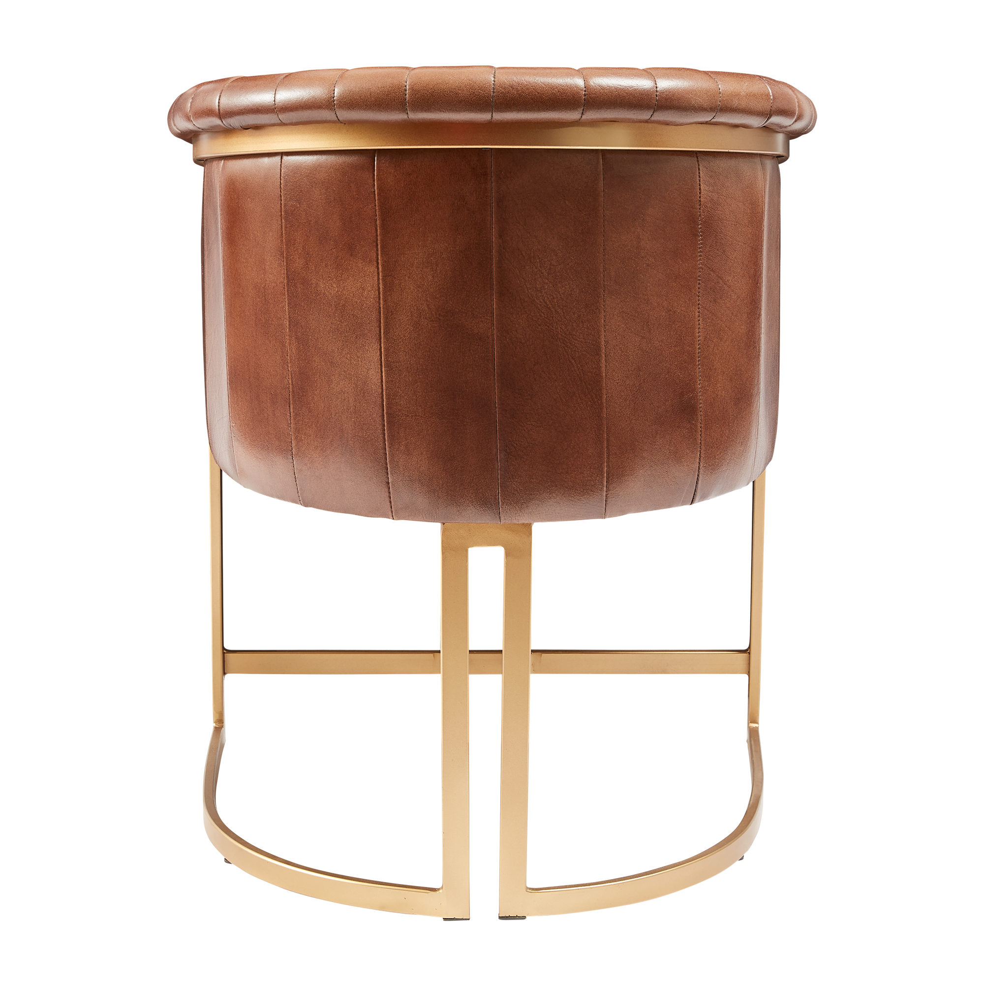 Brown leather stool with gold metal frame on a white background