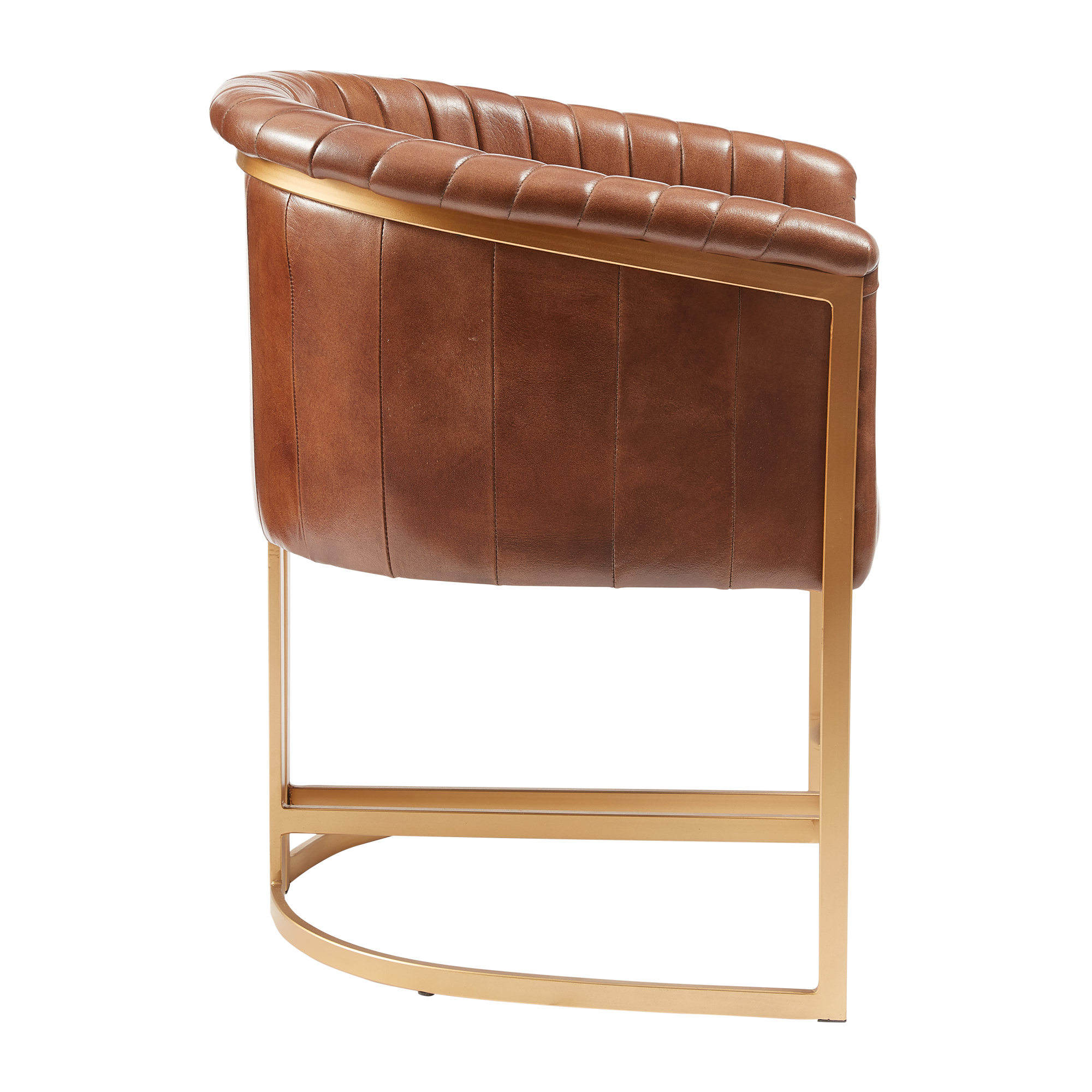 Brown leather chair with gold frame on a white background