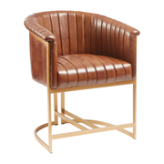 Brown leather chair with beige metal frame on a white background