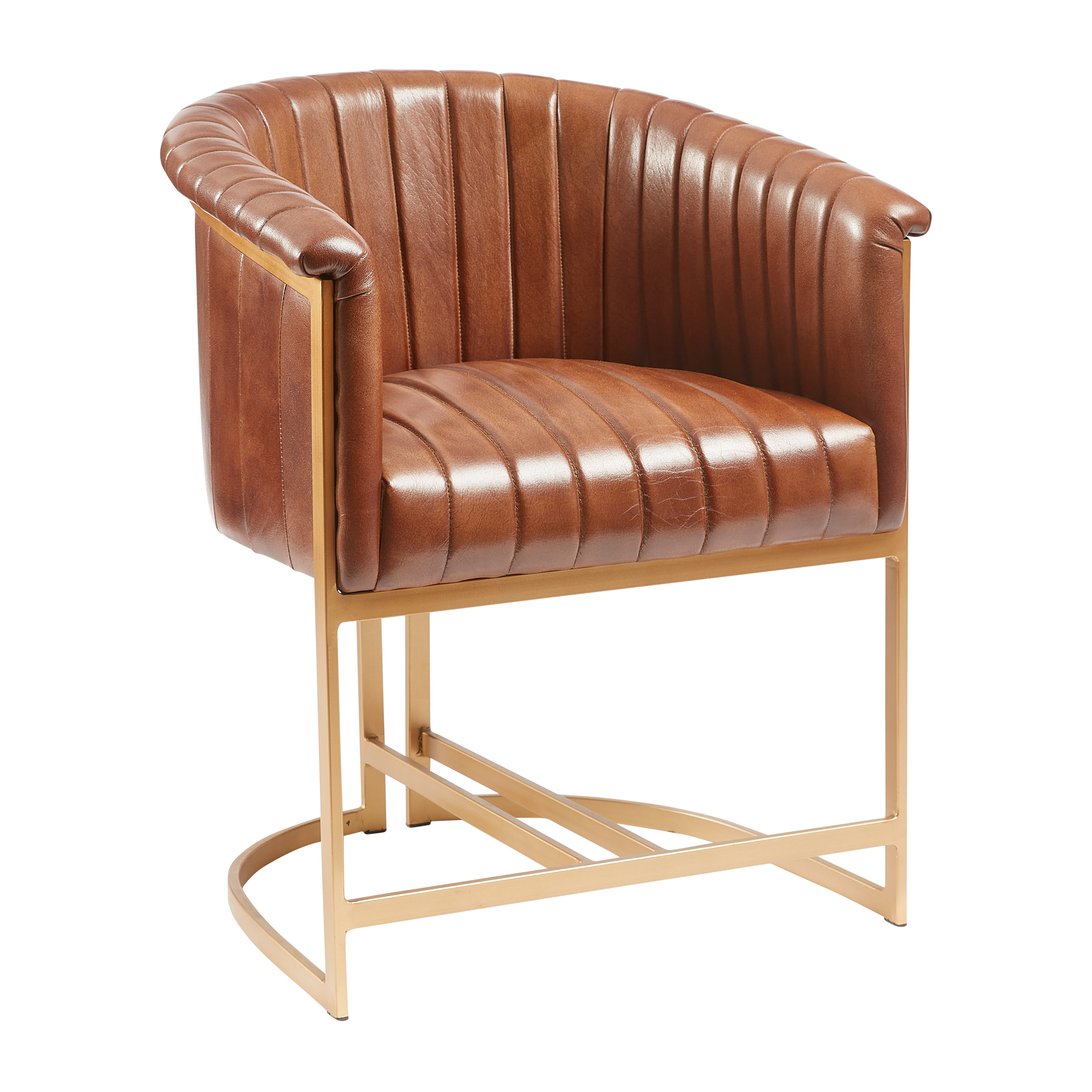 Brown leather chair with beige metal frame on a white background