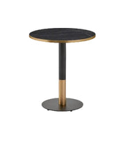 Round table with black marble top and bronze base on a white background