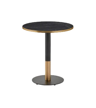 Round table with black marble top and bronze base on a white background
