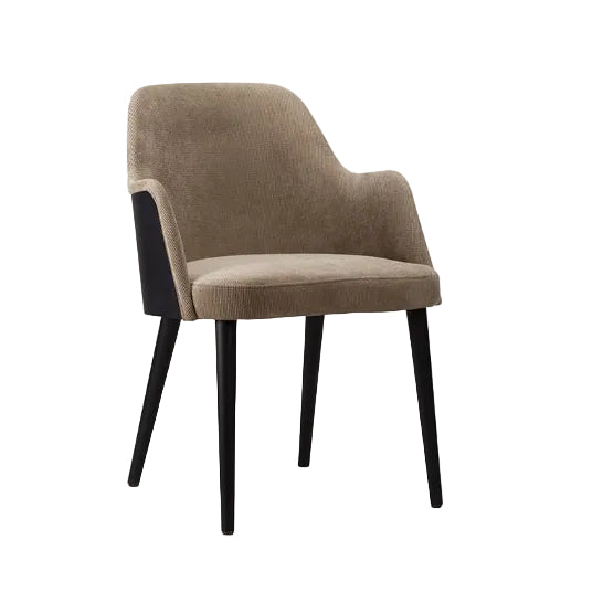 Brown upholstered chair with black legs on a white background