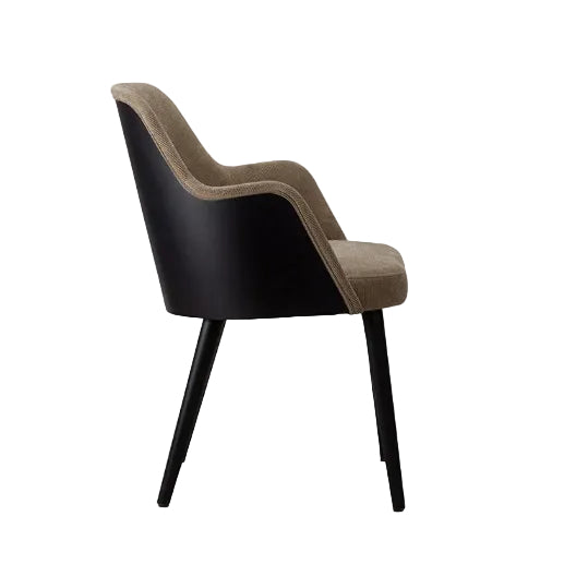 Commercial Brune Chair featuring an upholstered curved back, ergonomic armrests, heavy-duty metal subframe, and timber frame construction, ideal for restaurants, hotels, bars, lounges, and workplace environments.