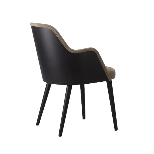 Brune Chair featuring a contemporary curved backrest, slimline arm profile, commercial-grade metal subframe, upholstered seat and back, and custom finish options, ideal for hotels, restaurants, bars, lounges, care homes, and workplace interiors.
